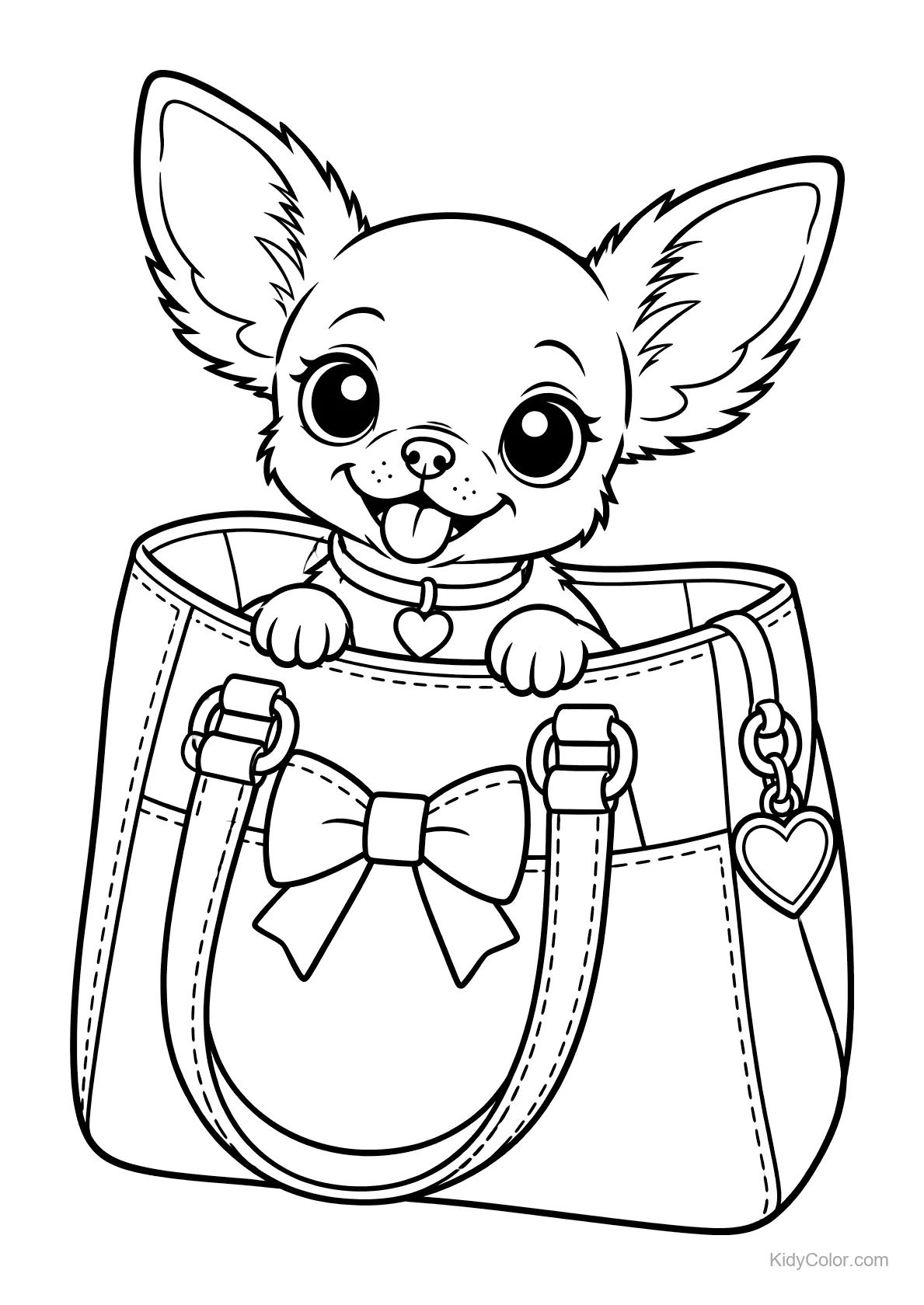 A cute Chihuahua in a handbag with a bow and heart charm.