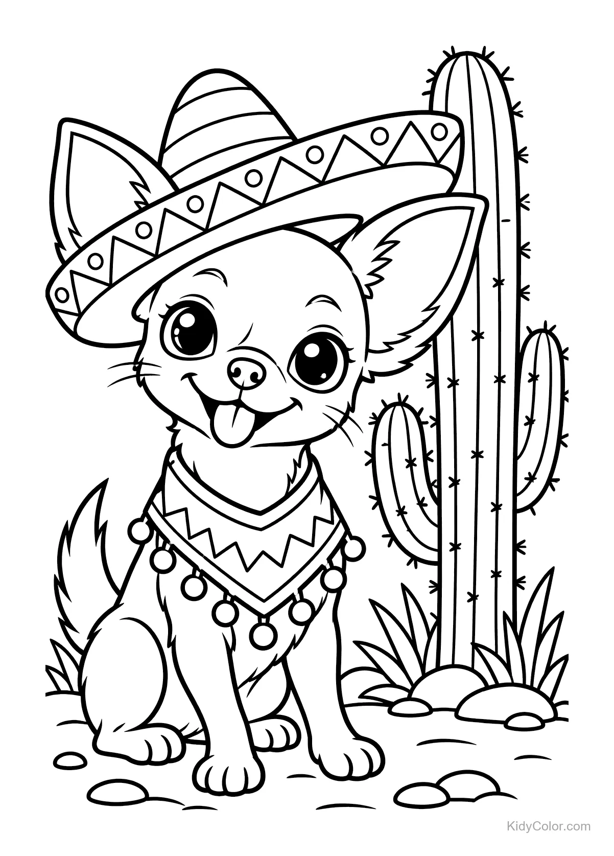 Cute Chihuahua wearing a sombrero and poncho near a cactus.