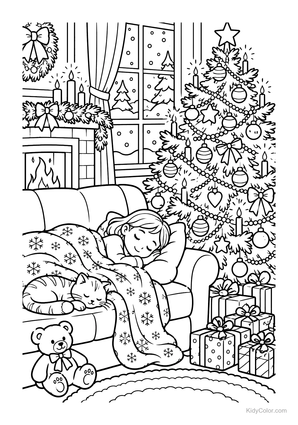 Criança e gato dormindo no sofá perto da árvore de Natal.