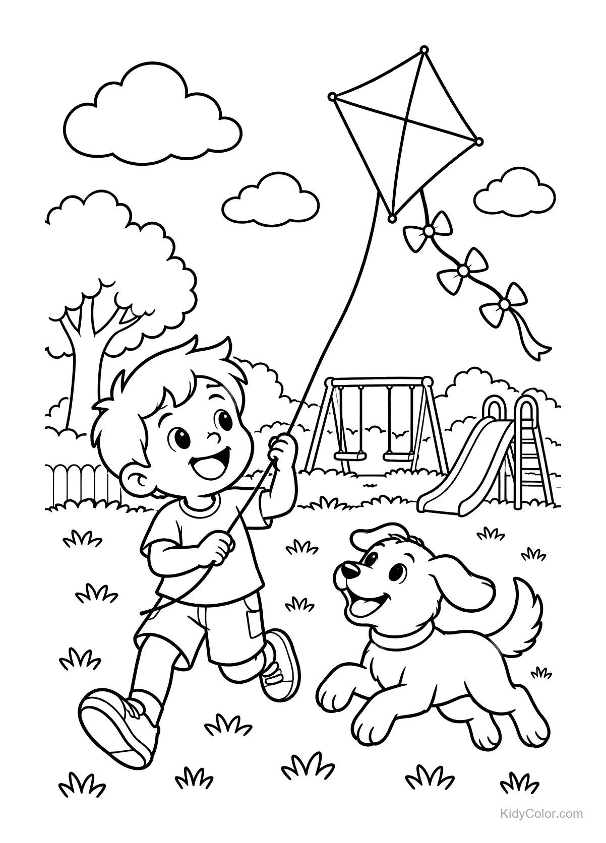 Bambino e cane che fanno volare un aquilone al parco giochi con altalene.