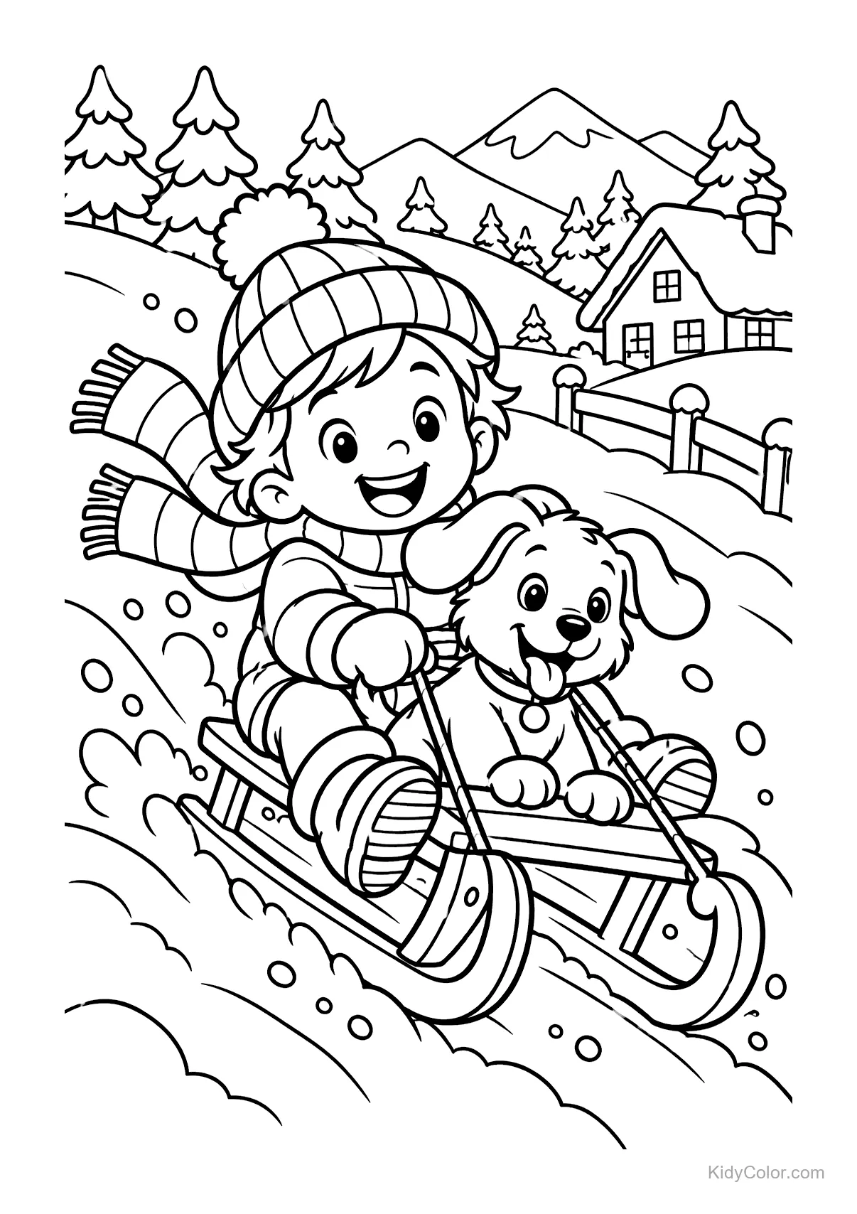 Child and dog sledding down a snowy hill in winter.