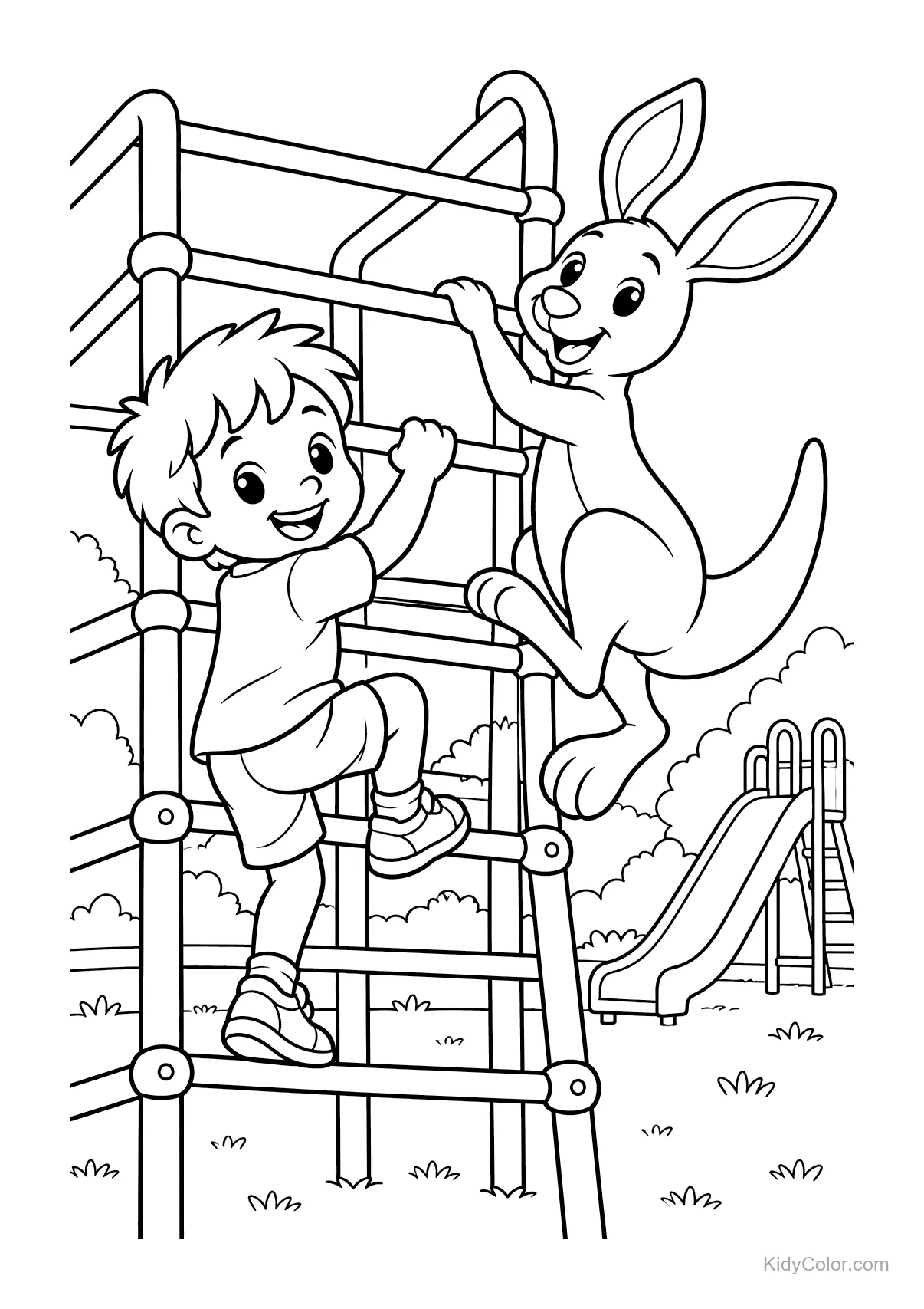 Bambino e canguro che si arrampicano su una struttura al parco giochi.