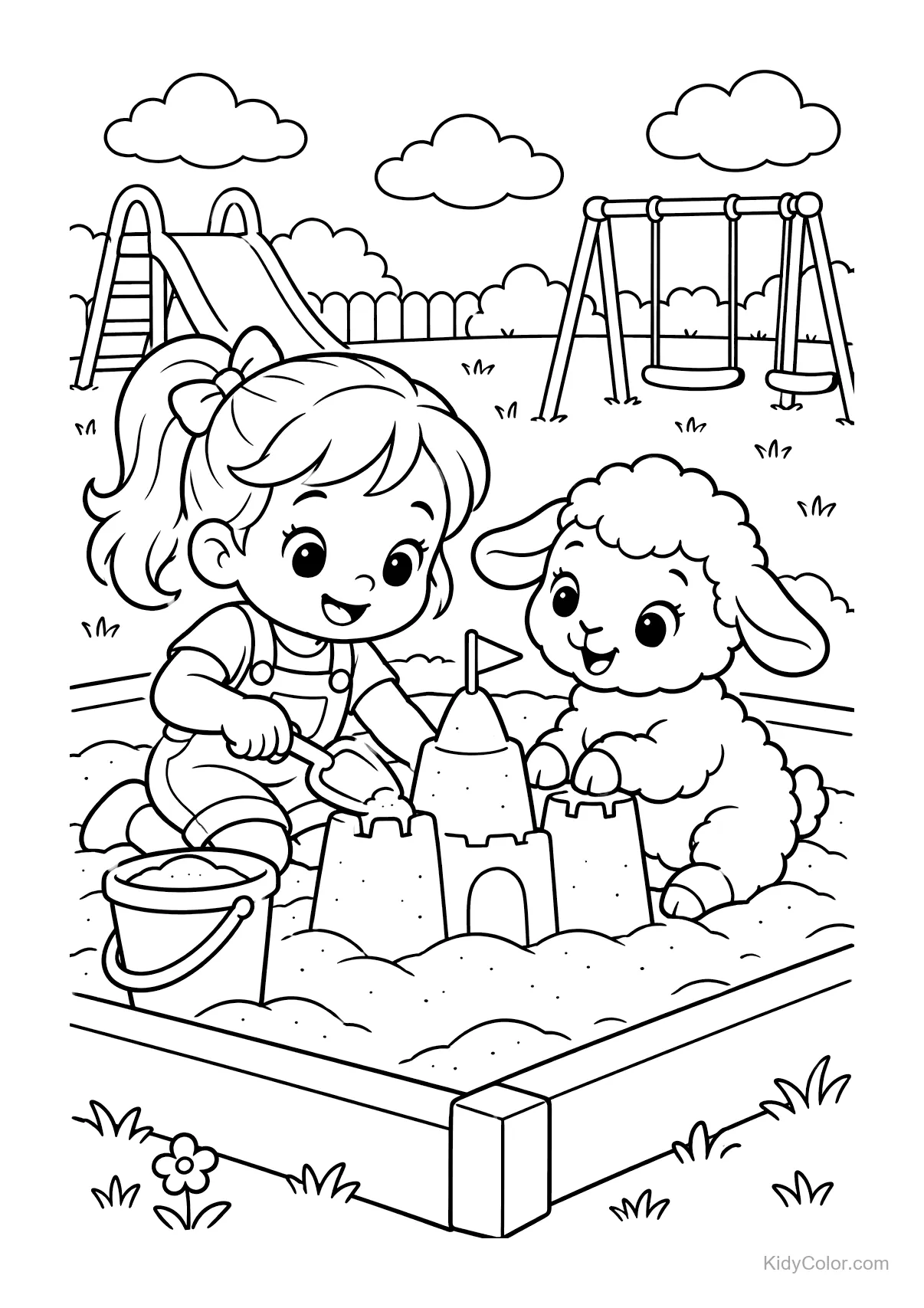 Bambina con agnello che costruiscono un castello di sabbia.