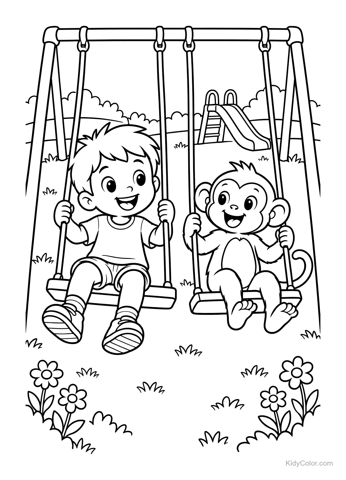 Bambino e scimmia che si dondolano insieme al parco giochi.