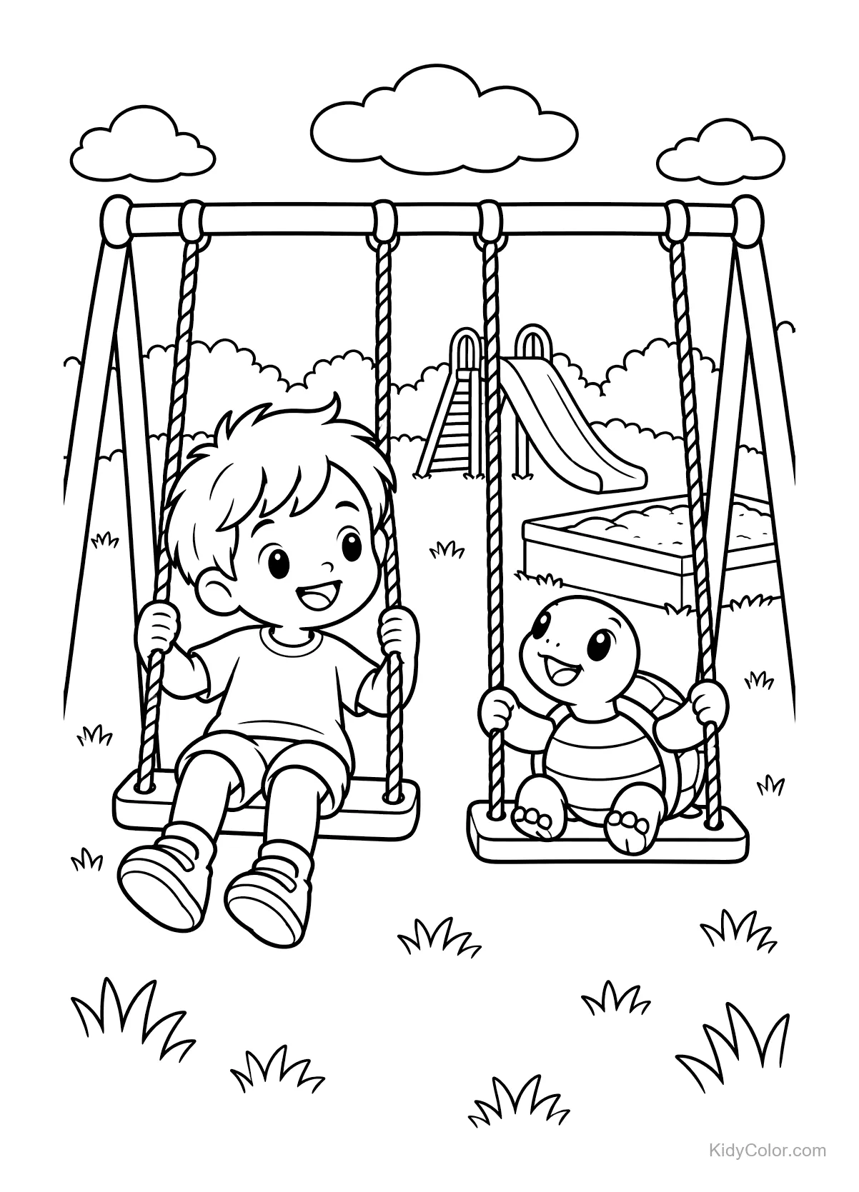 Un niño y una tortuga columpiándose juntos en un parque.