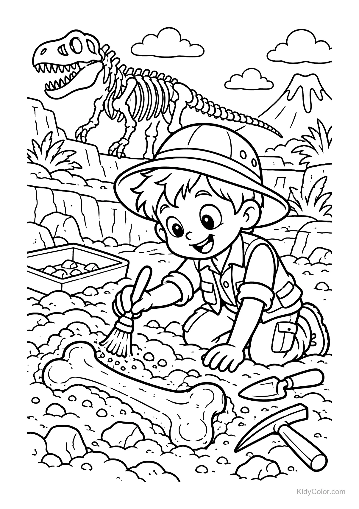 Child archeologist uncovering a dinosaur fossil with T-Rex skeleton in the background.