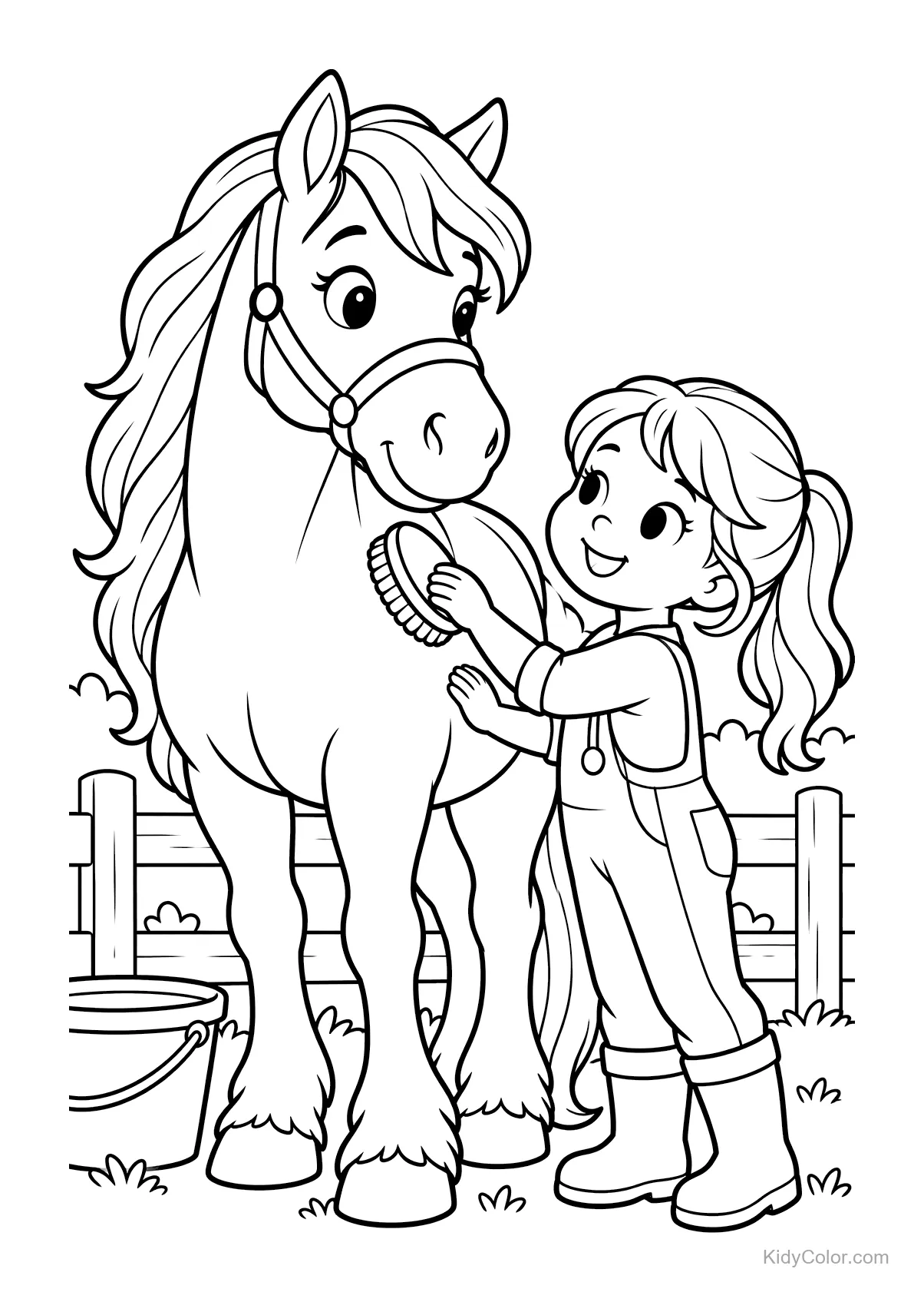 A child brushing a horse on a farm fence with a bucket nearby.