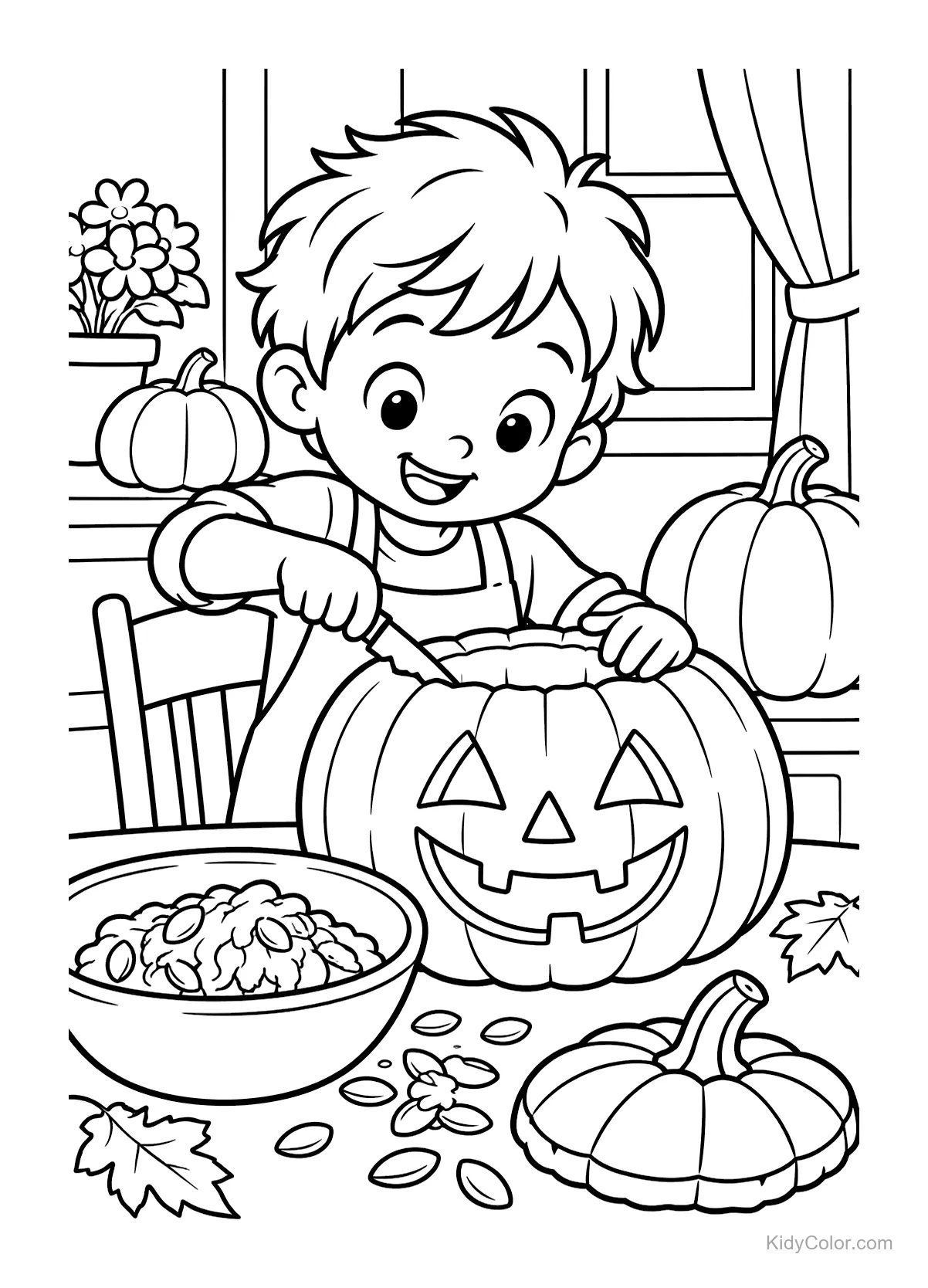Child carving a Jack-o'-Lantern at a table with pumpkins.