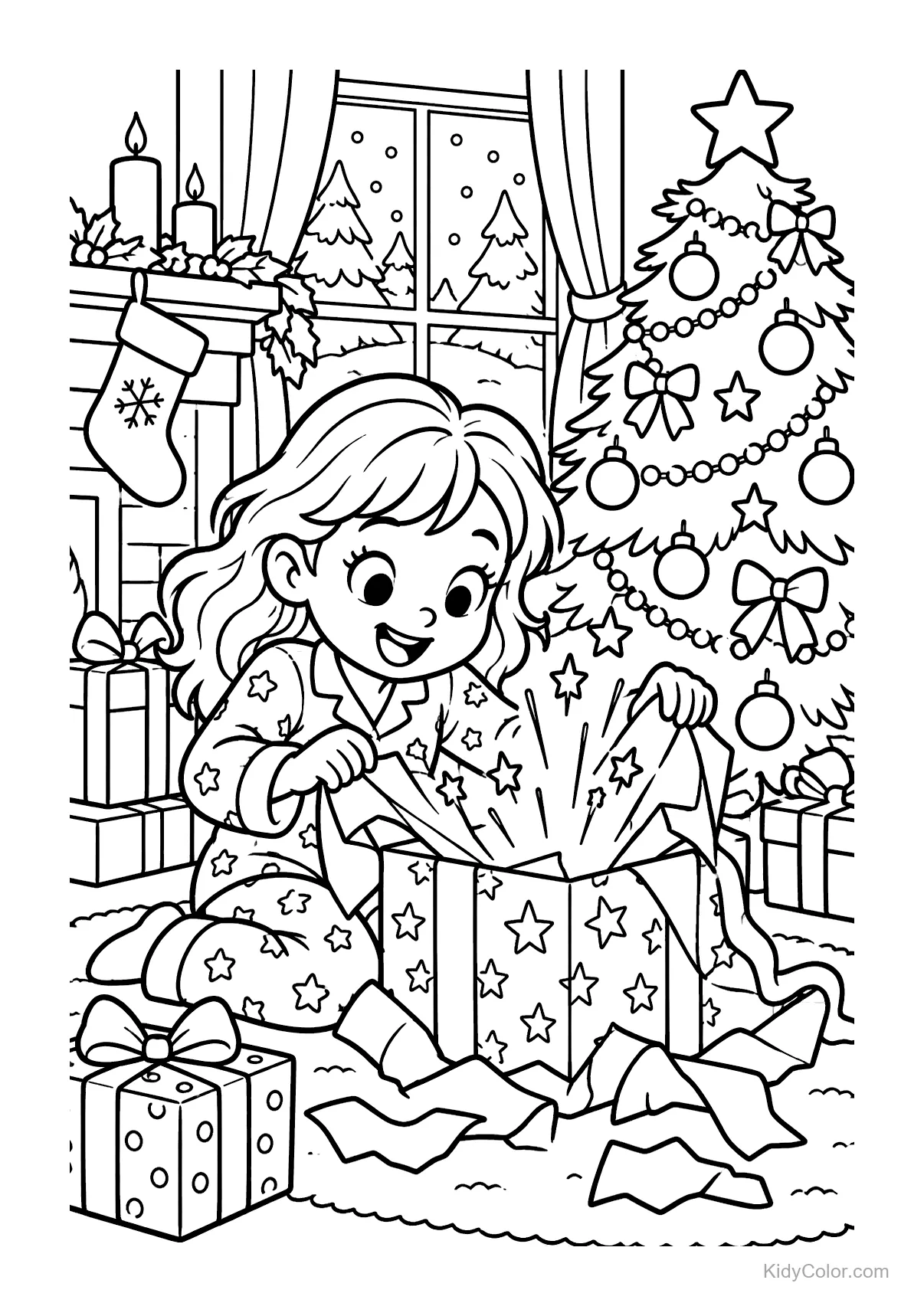 A child opens a gift under a Christmas tree by a fireplace.