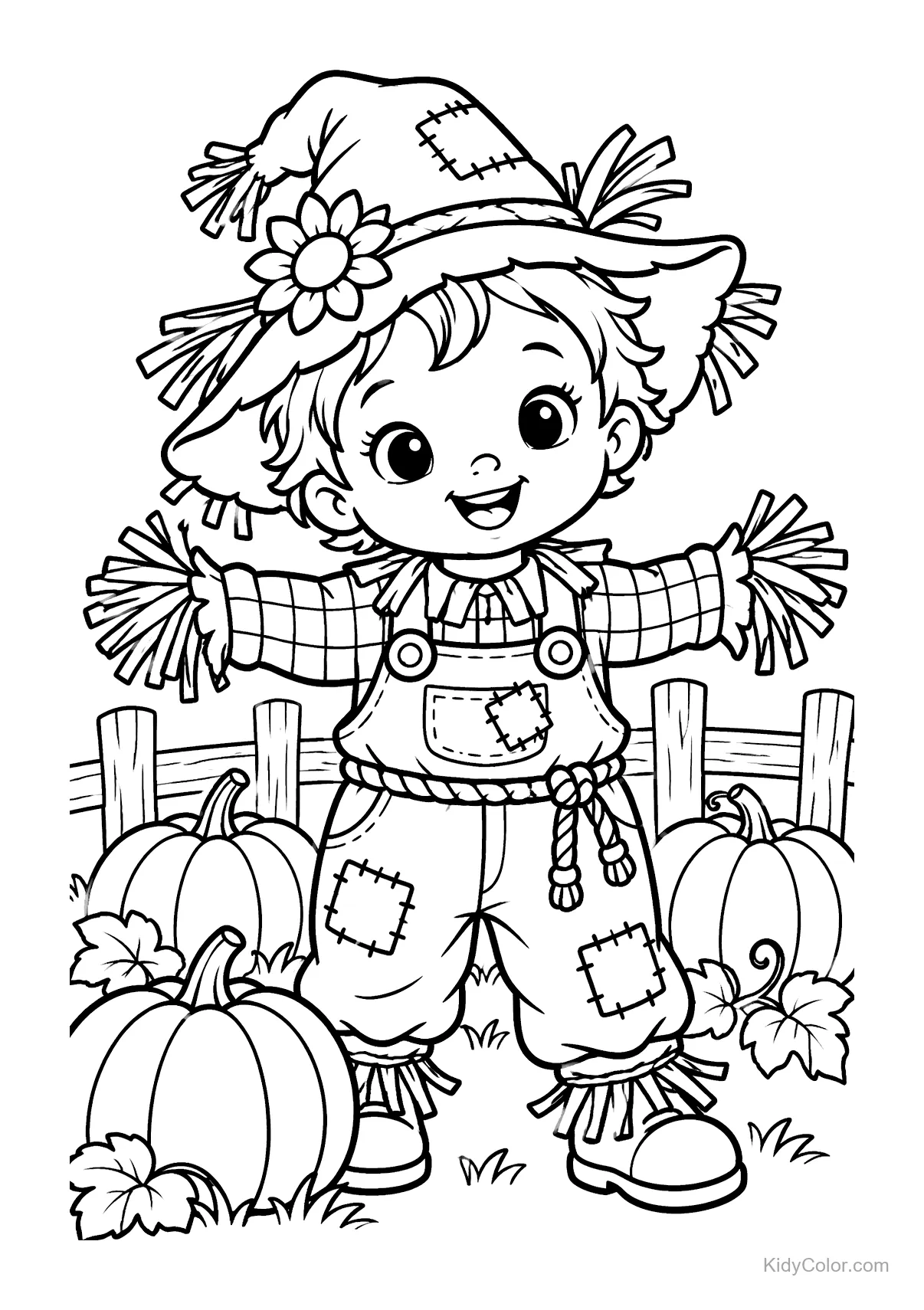Child dressed as a scarecrow in a pumpkin patch, smiling.