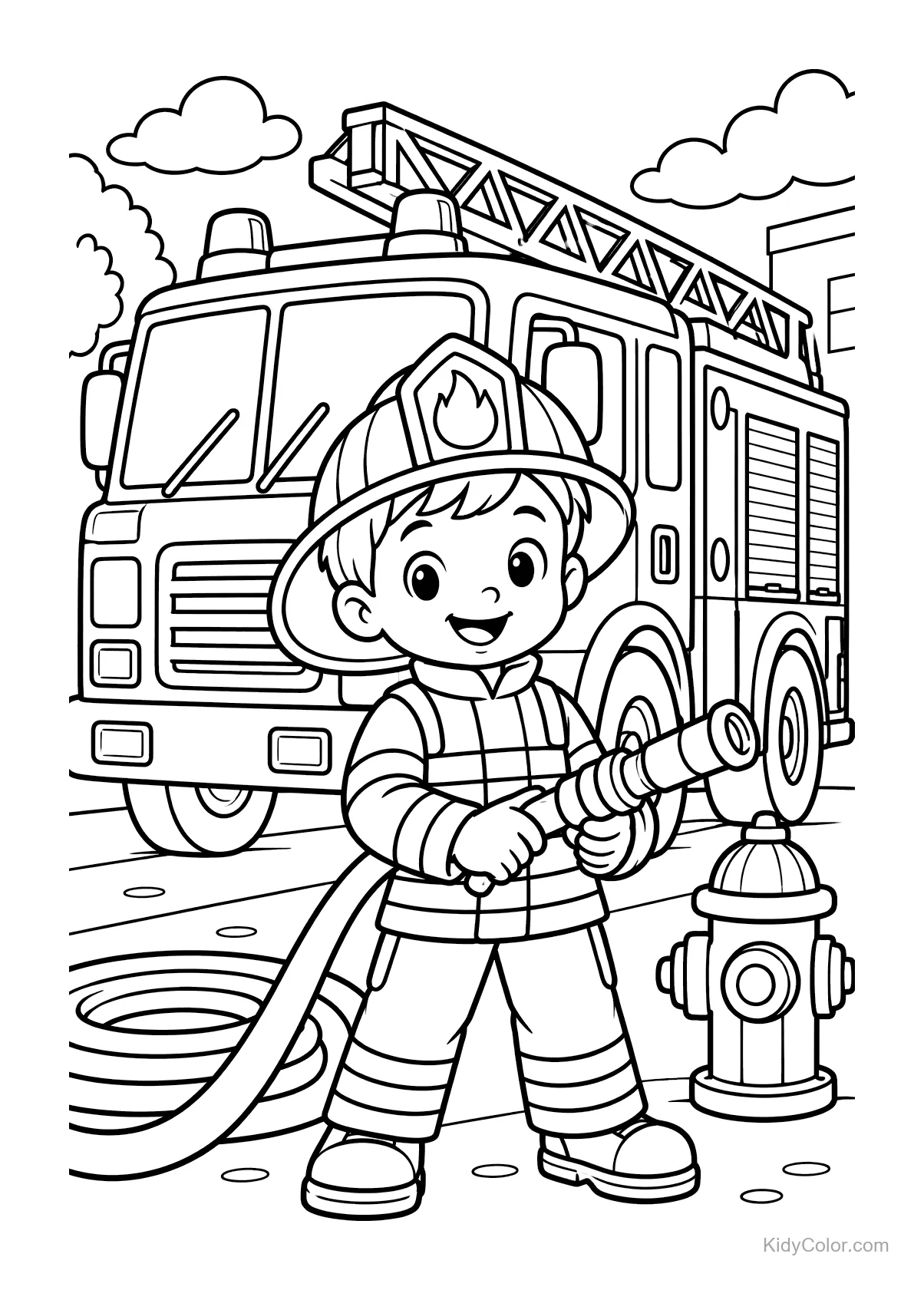 Criança bombeira com mangueira em frente a um caminhão de bombeiros.
