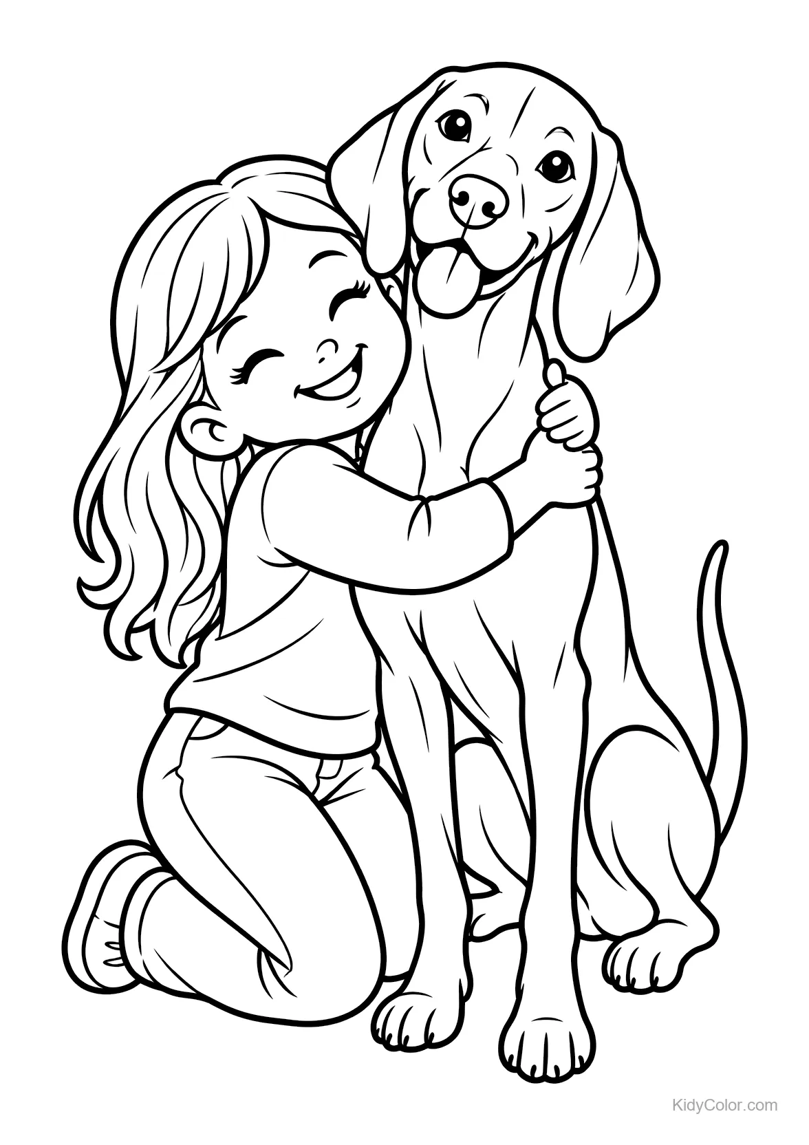 Child hugging a smiling Vizsla dog.