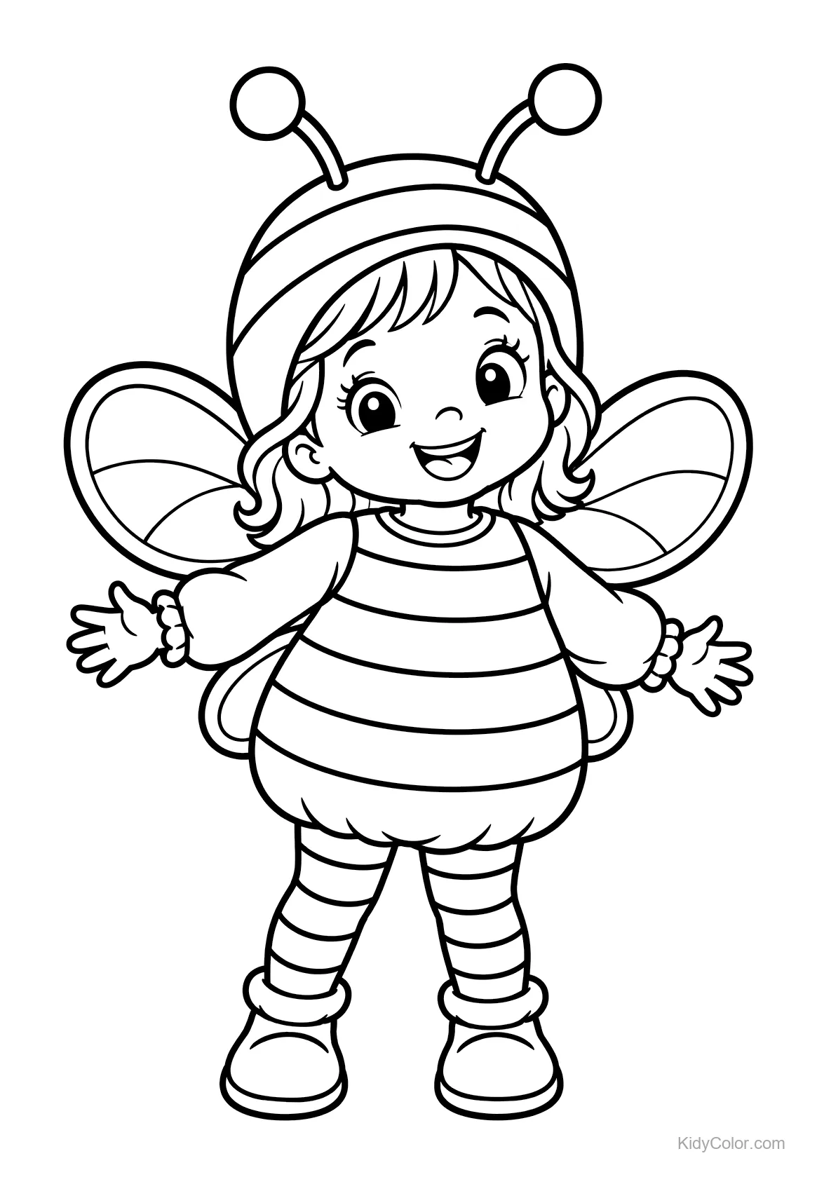 Child in a bee costume with wings and striped outfit, smiling.