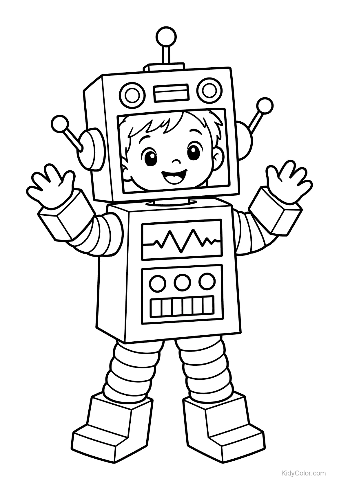 Child in a robot costume with buttons and antennas.