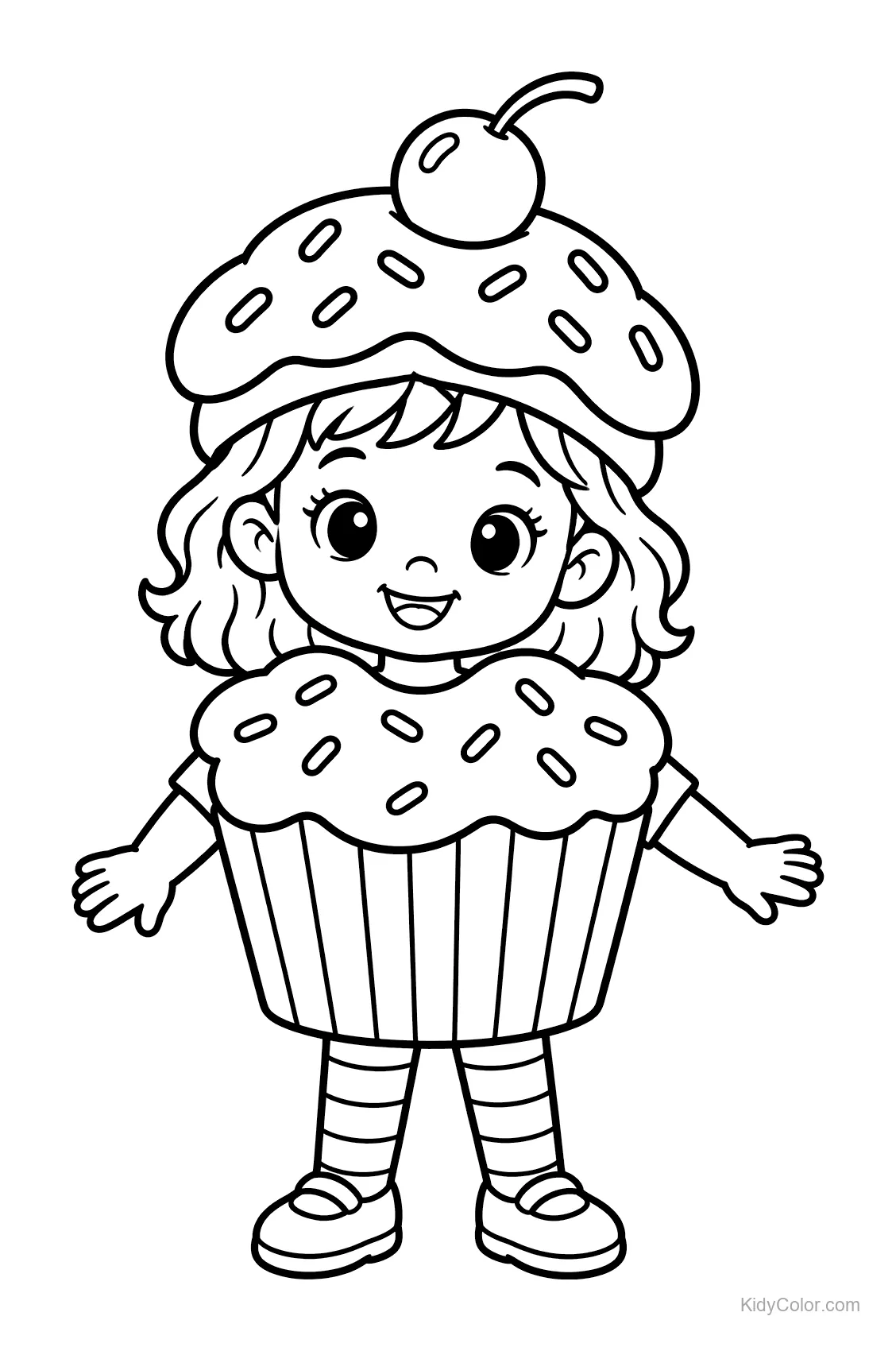 Child in cupcake costume with cherry and sprinkles.