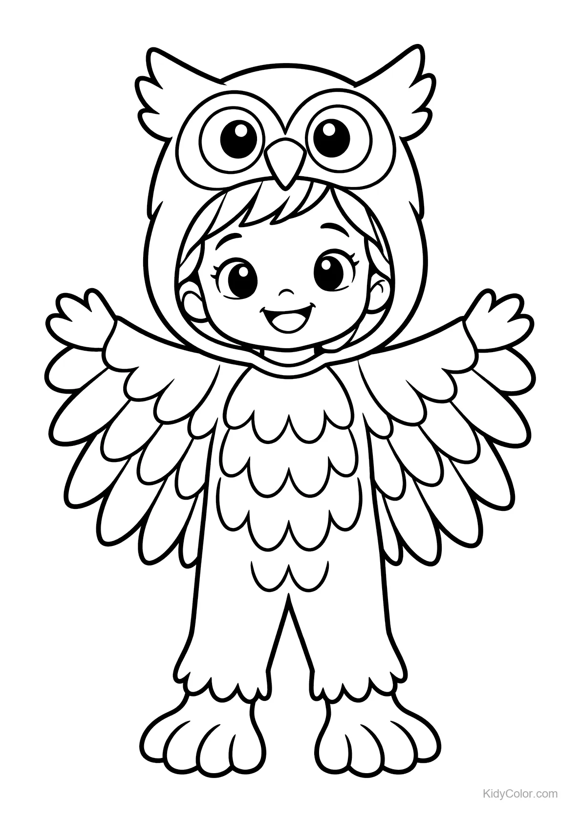 Child smiling in an owl costume with feather details and owl hood.