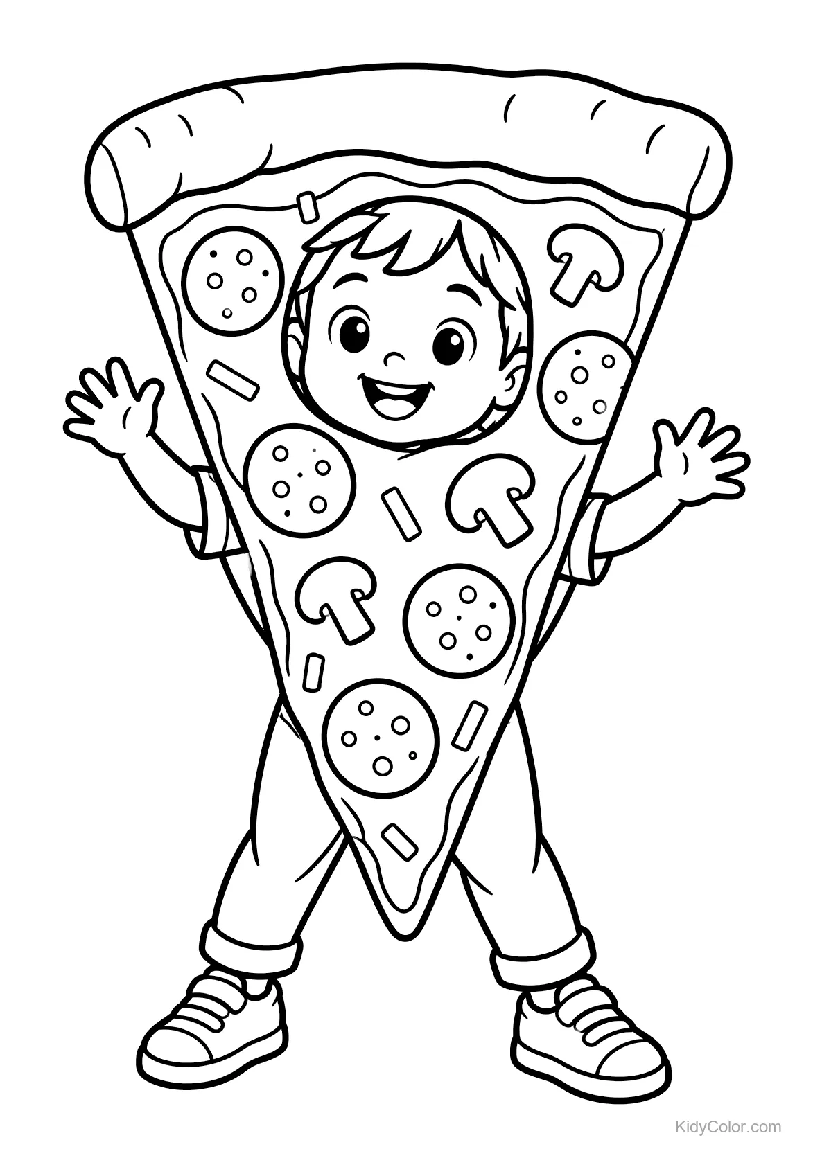 Child wearing a pizza slice costume with pepperoni and mushrooms.