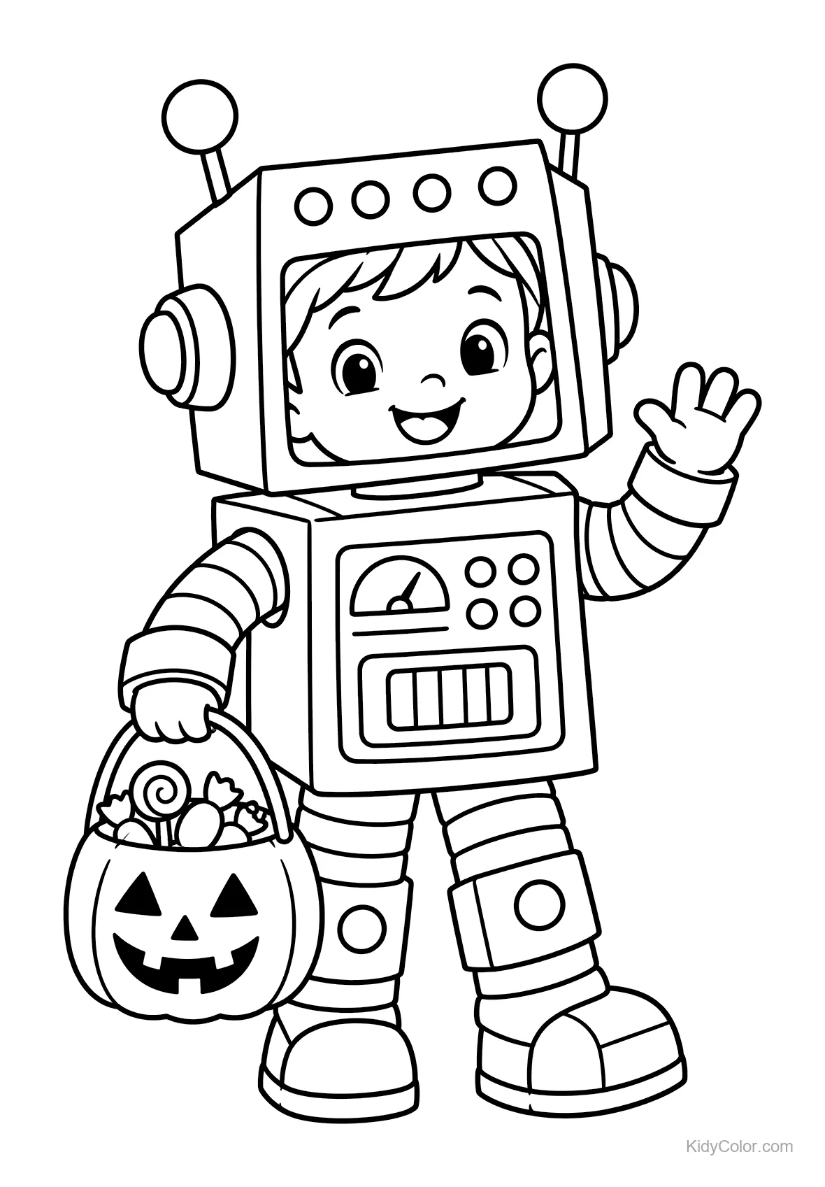 Enfant en costume de robot tenant un panier citrouille.