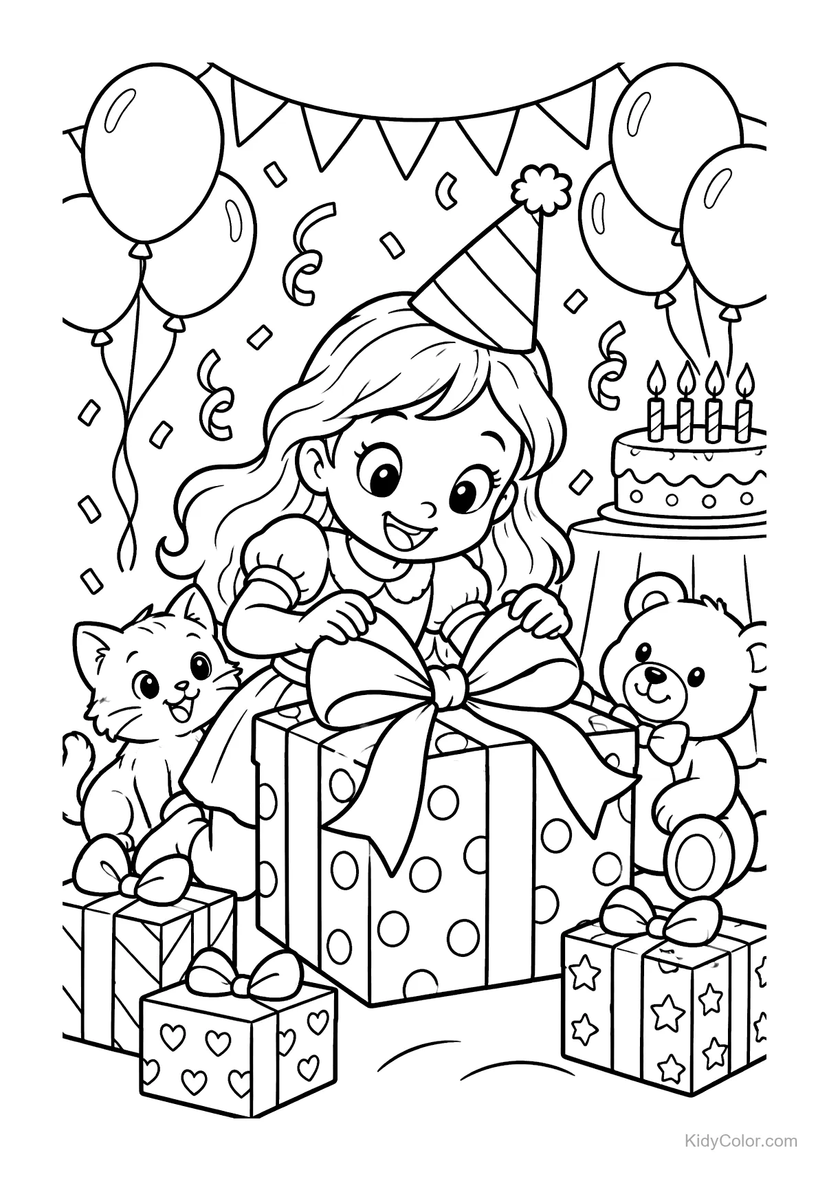 Kind öffnet Geburtstagsgeschenk mit Katze, Teddybär, Luftballons und Kuchen.
