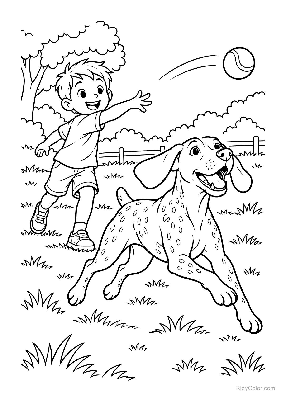 Kind speelt apporteren met een Duitse staande hond in een park.