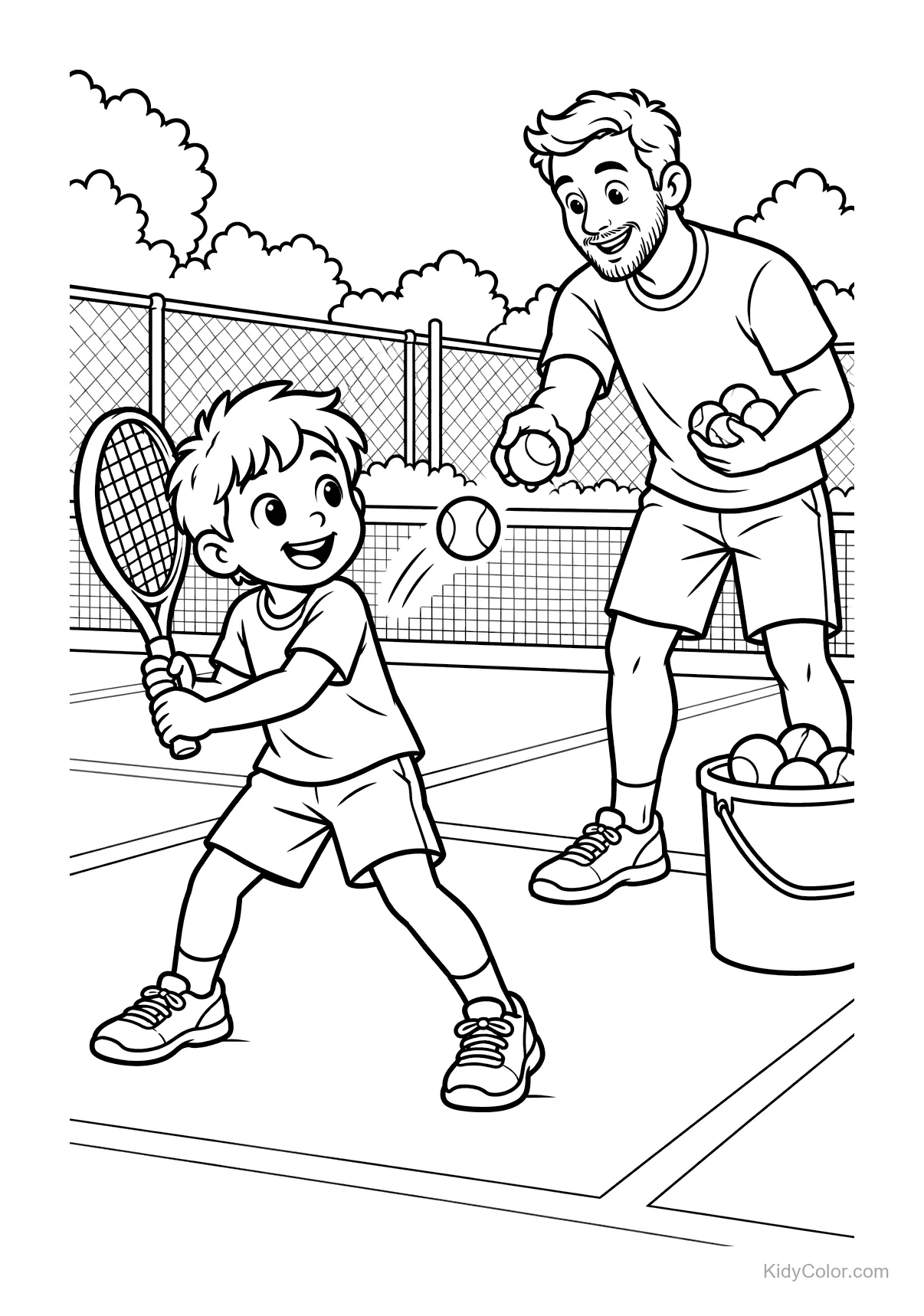 Child playing tennis with a coach on a tennis court.