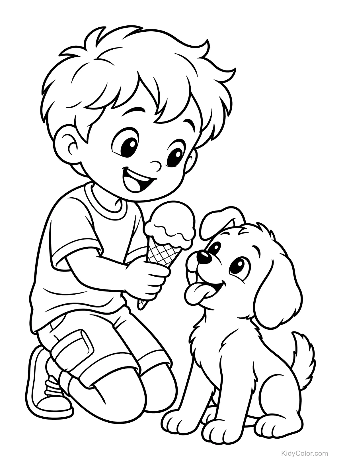 Bambino inginocchiato che condivide un gelato con un cucciolo.