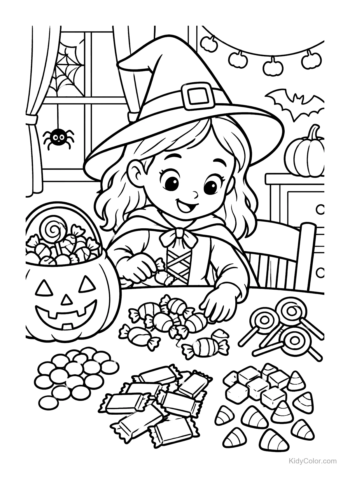 Criança com chapéu de bruxa organizando doces de Halloween em uma mesa.