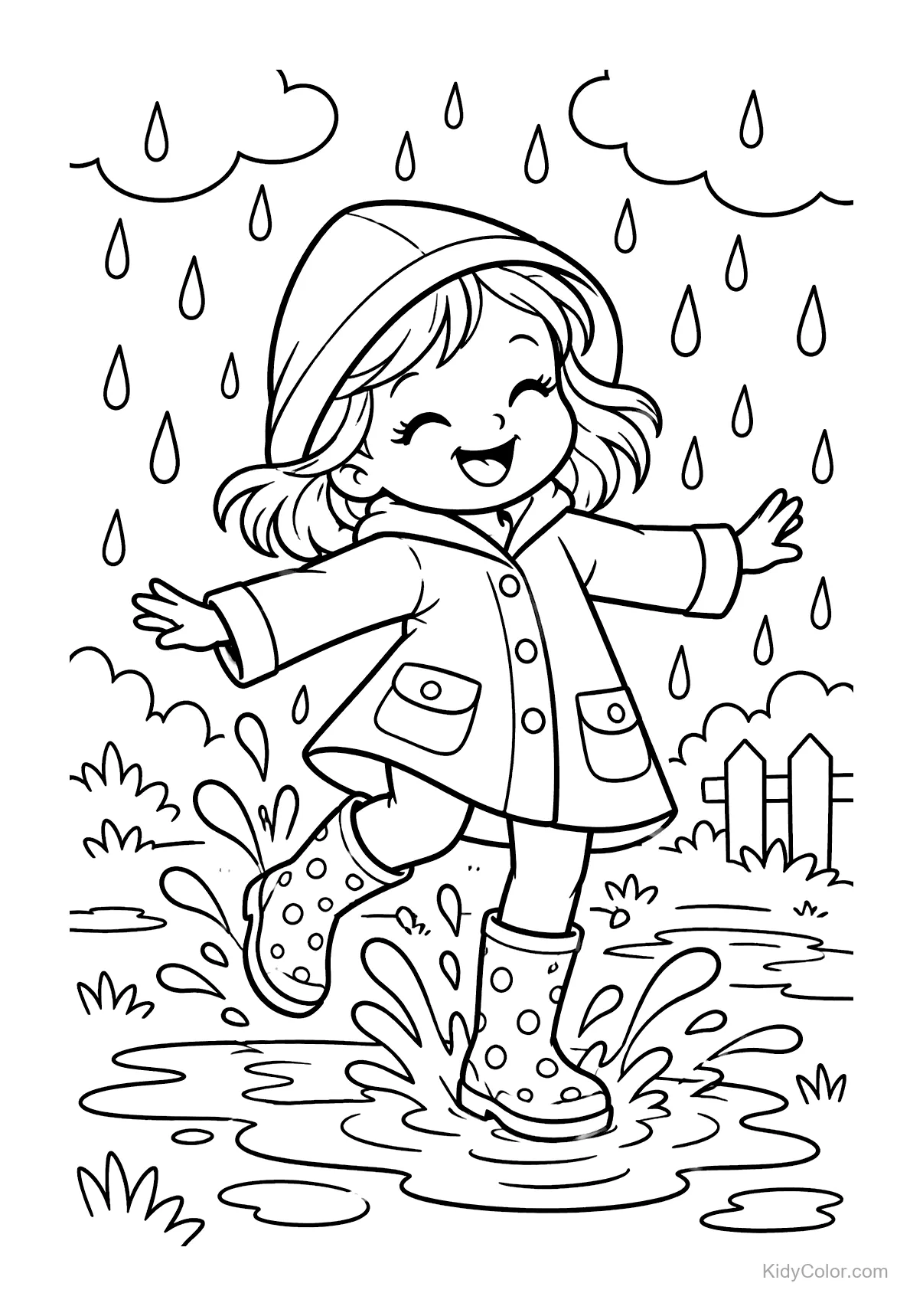 Child in a raincoat and boots splashes in a puddle on a rainy day.