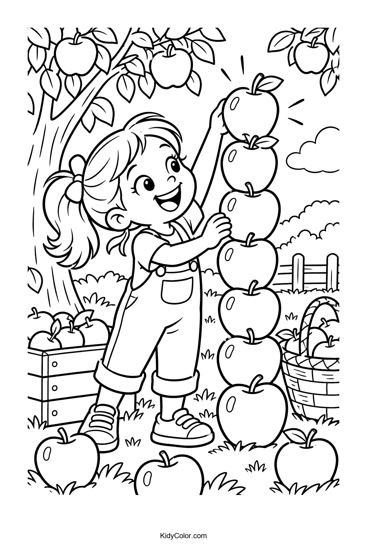 Child stacking apples into a tower under a tree, with more apples around.
