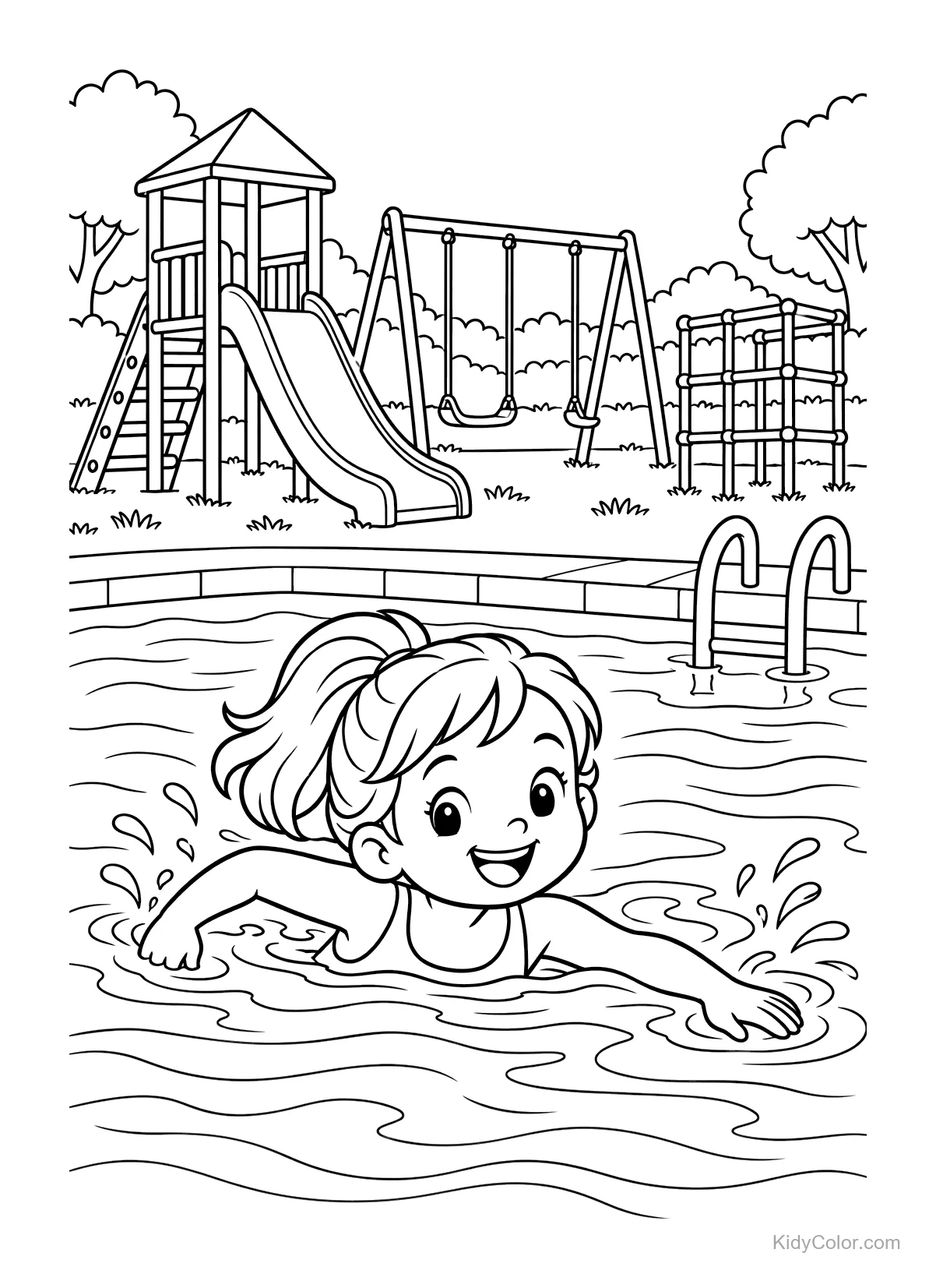 Niña nadando en una alberca con un parque de juegos al fondo.