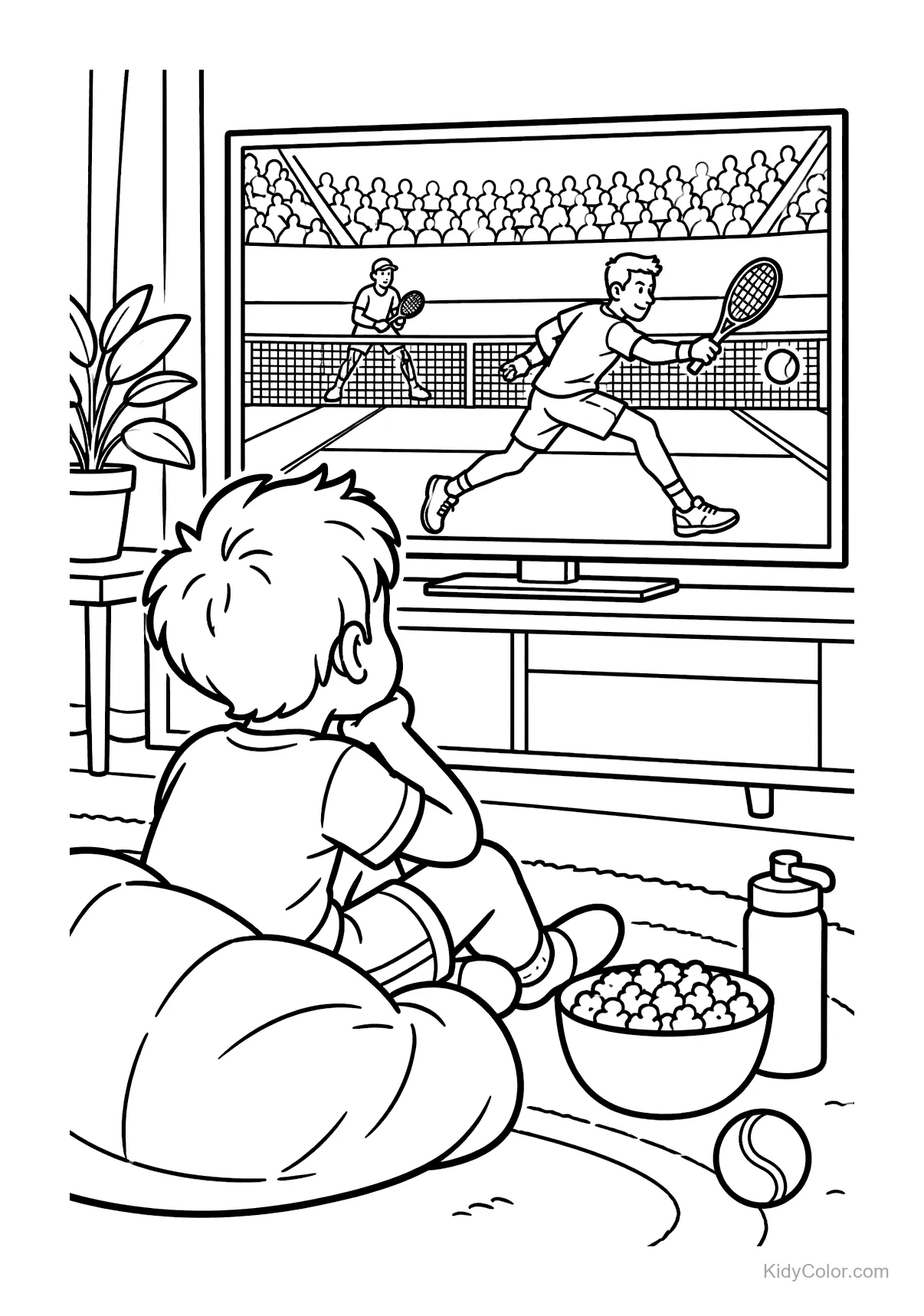 Child watching a tennis match on TV in a living room.