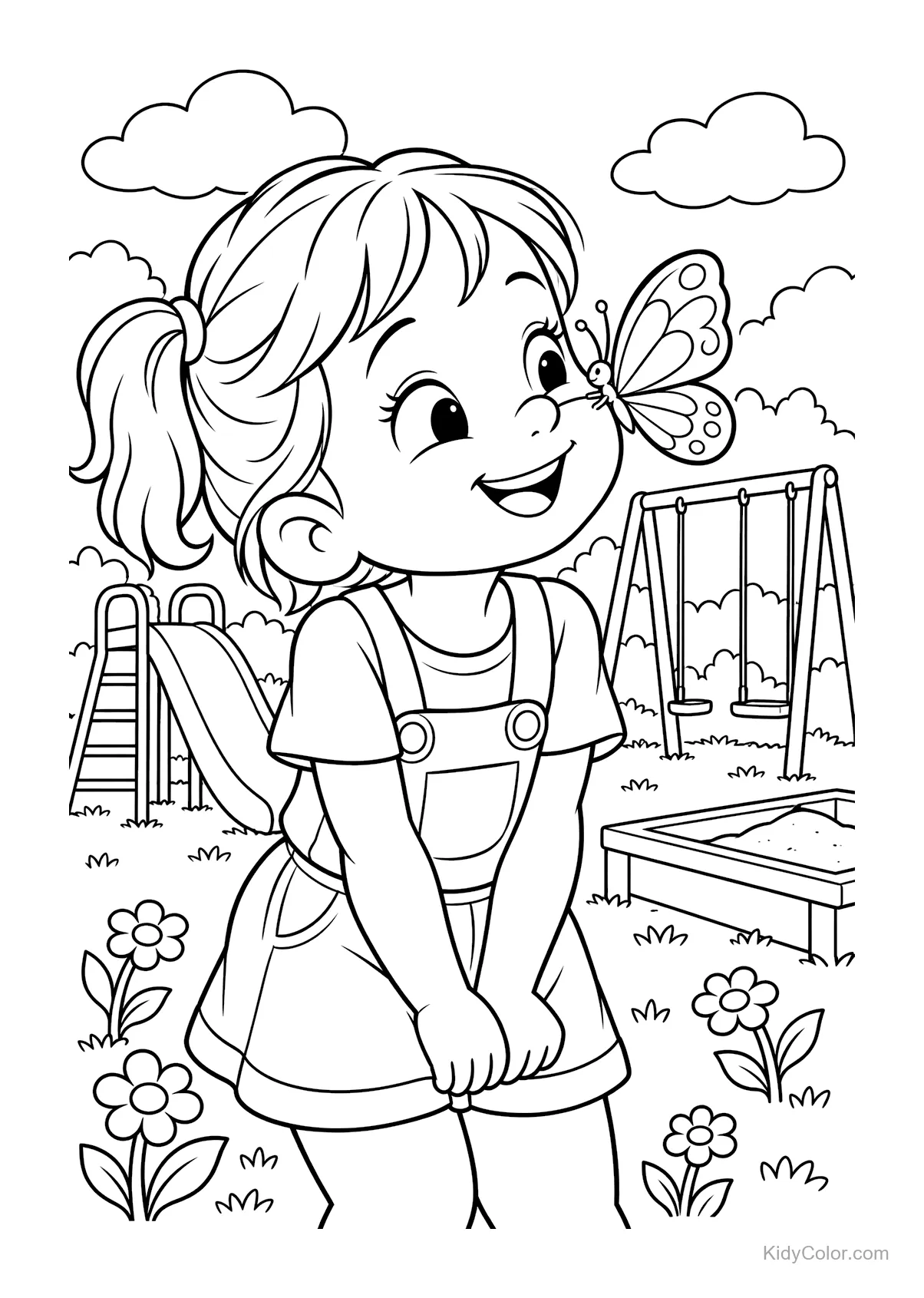 Bambina che sorride a una farfalla con altalene e scivolo.