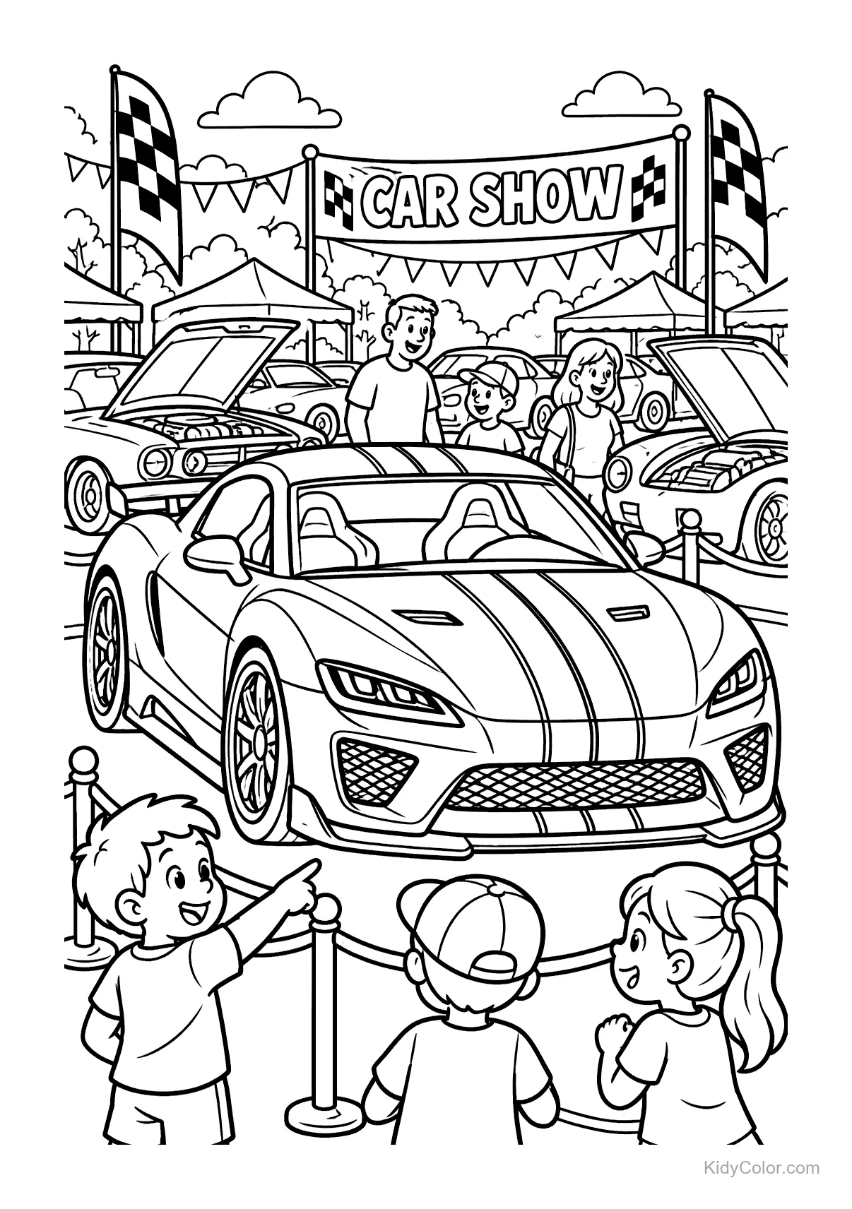 Children looking at a sports car at a car show with flags and open hoods.
