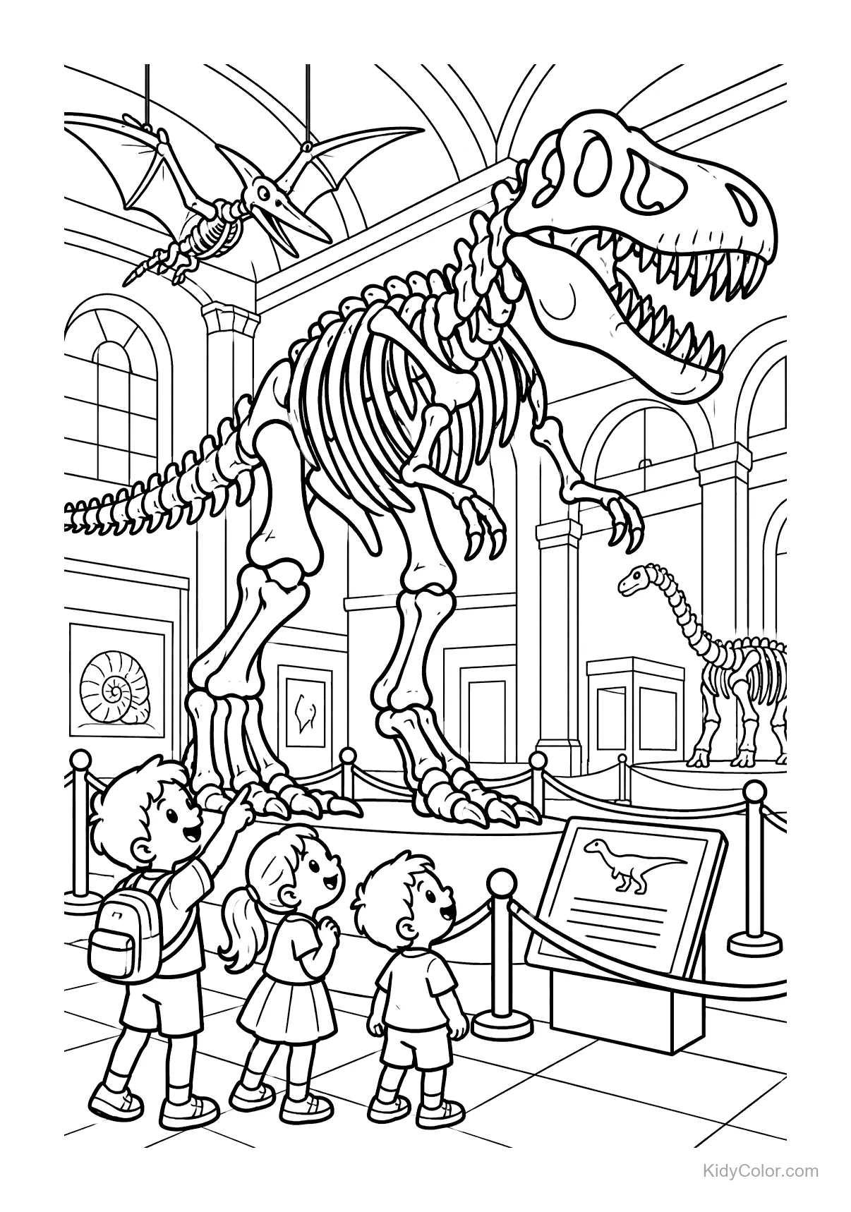 Children looking at a T-Rex skeleton in a museum.