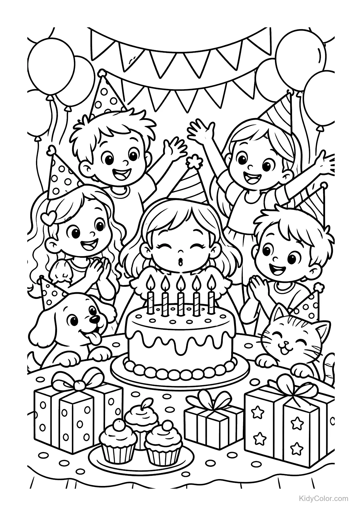 Children at a birthday party with a cake, balloons, and gifts.