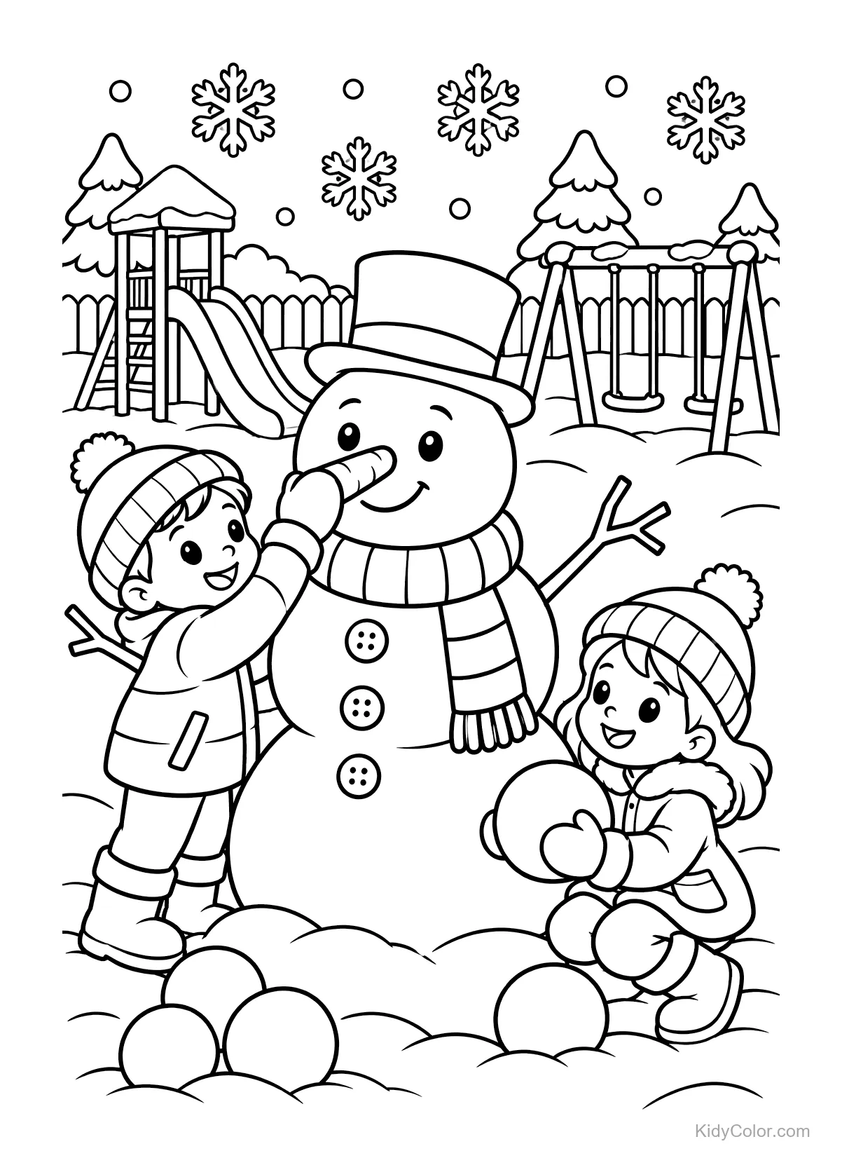 Niños construyendo un muñeco de nieve con un parque al fondo.