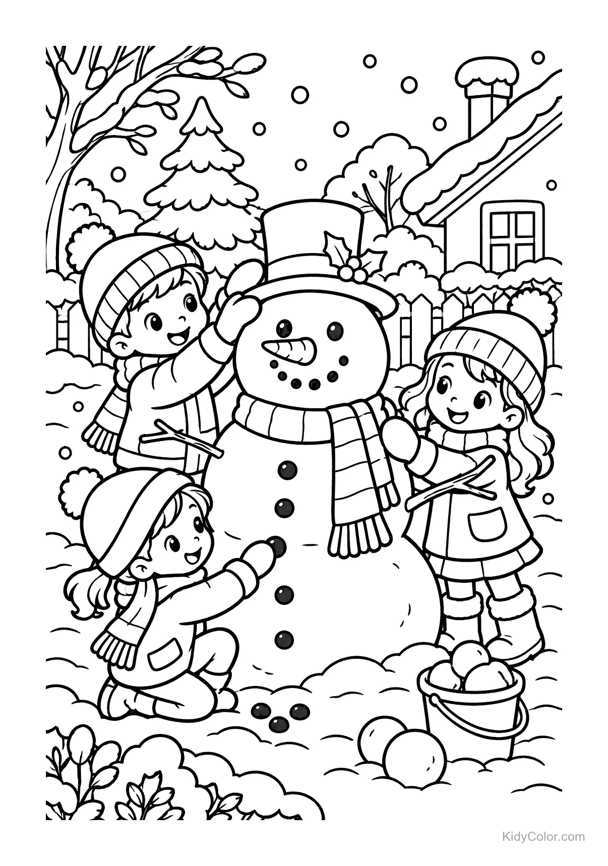Three children decorate a snowman with a hat and scarf in a snowy yard.