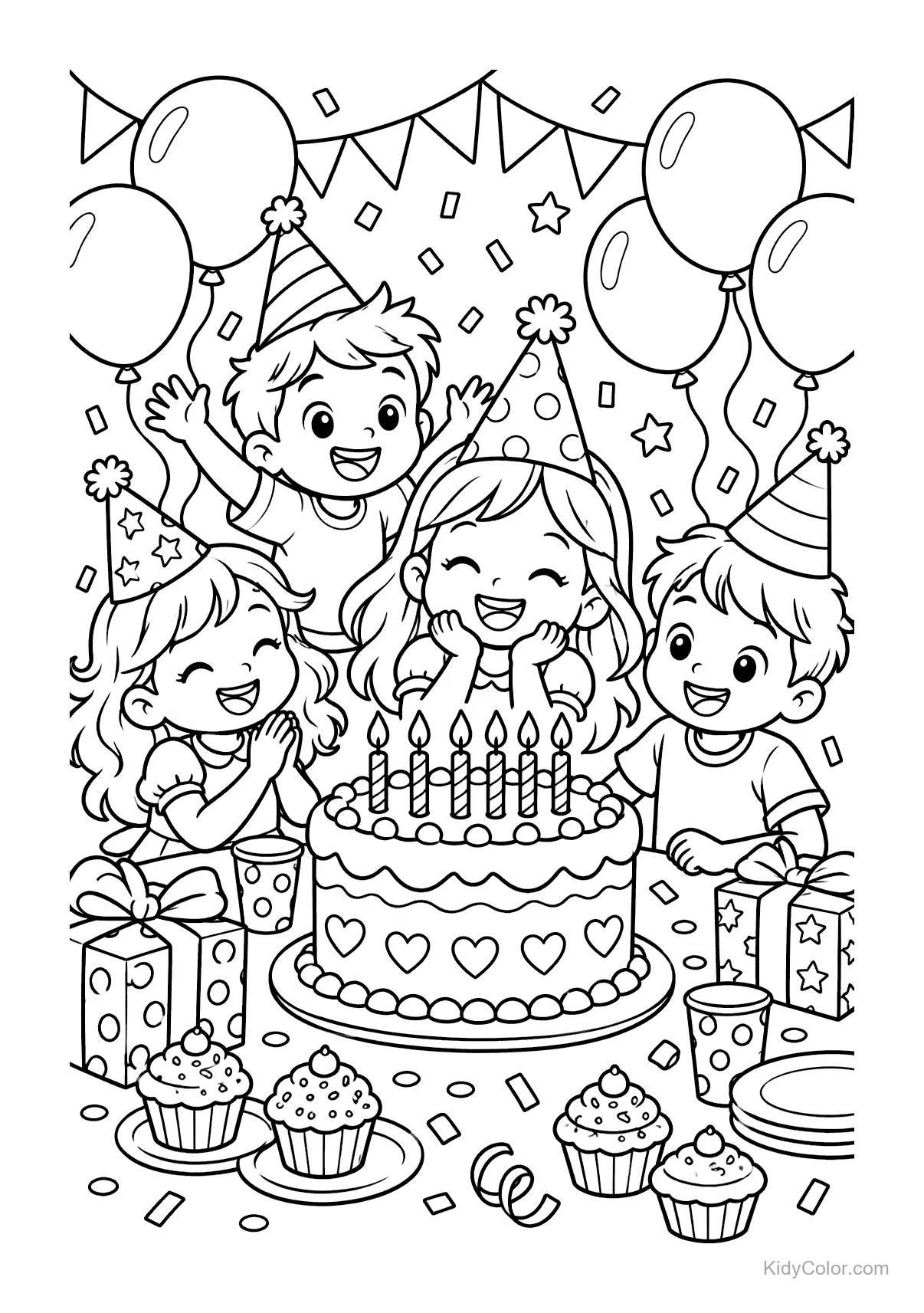 Children at a birthday party with cake, gifts, and balloons.