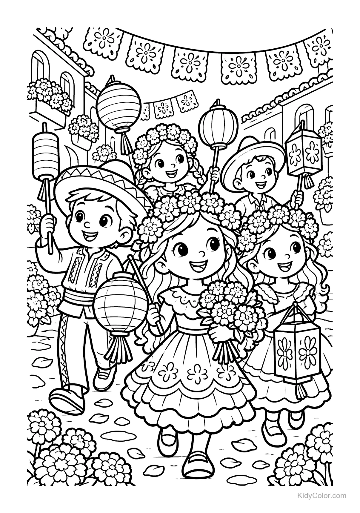 Children in traditional clothes with lanterns in a parade.