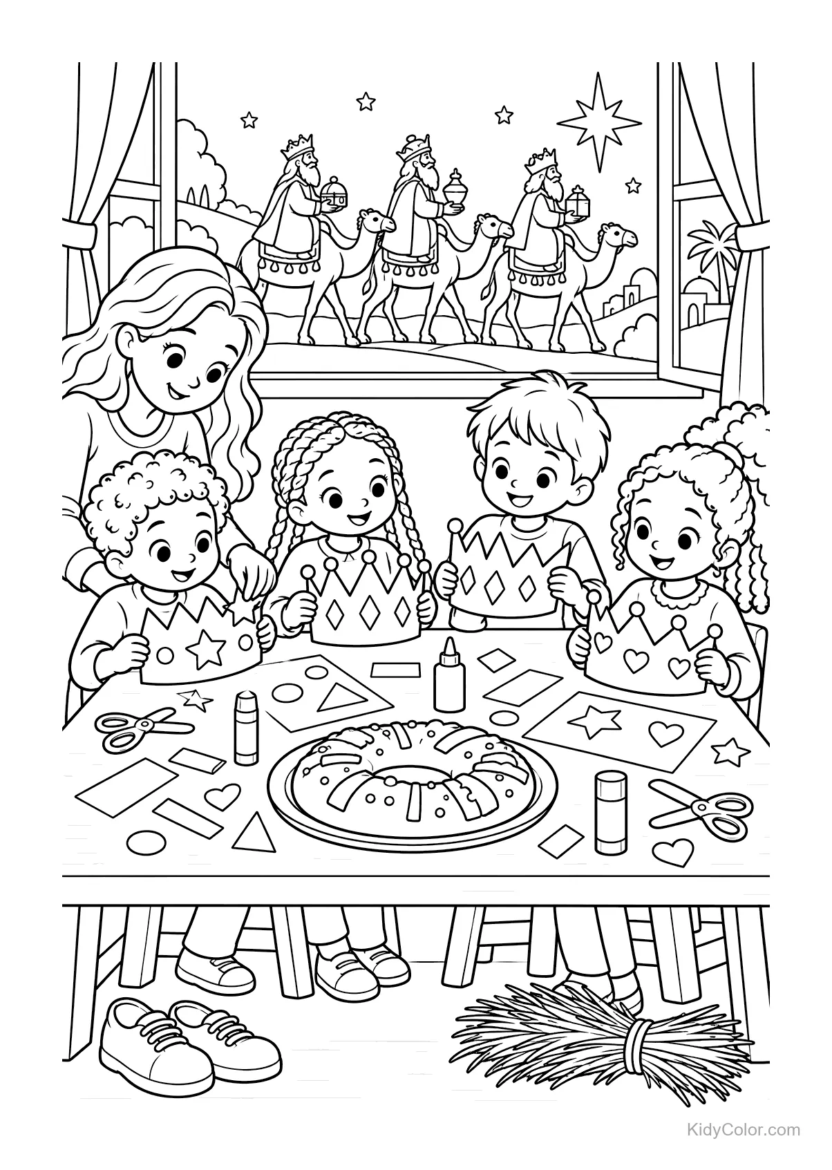 Kinderen knutselen kronen aan tafel voor Driekoningen.