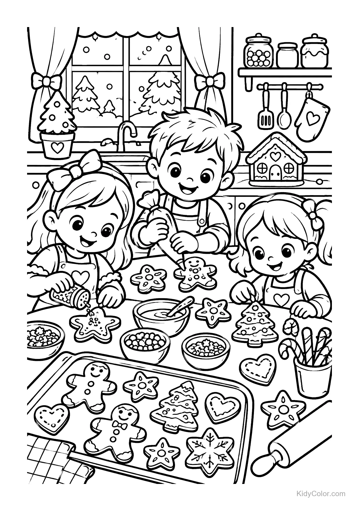 Três crianças decorando biscoitos de gengibre com glacê e confeitos.