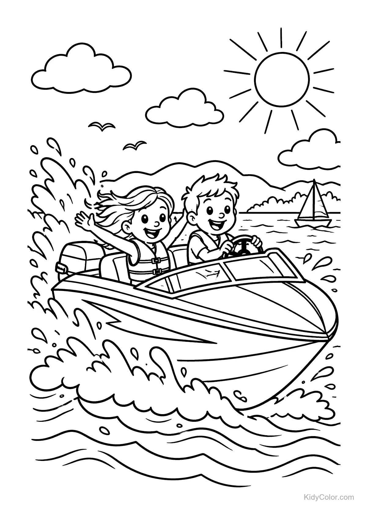 Children in a speedboat, smiling as they glide over water under the sun.