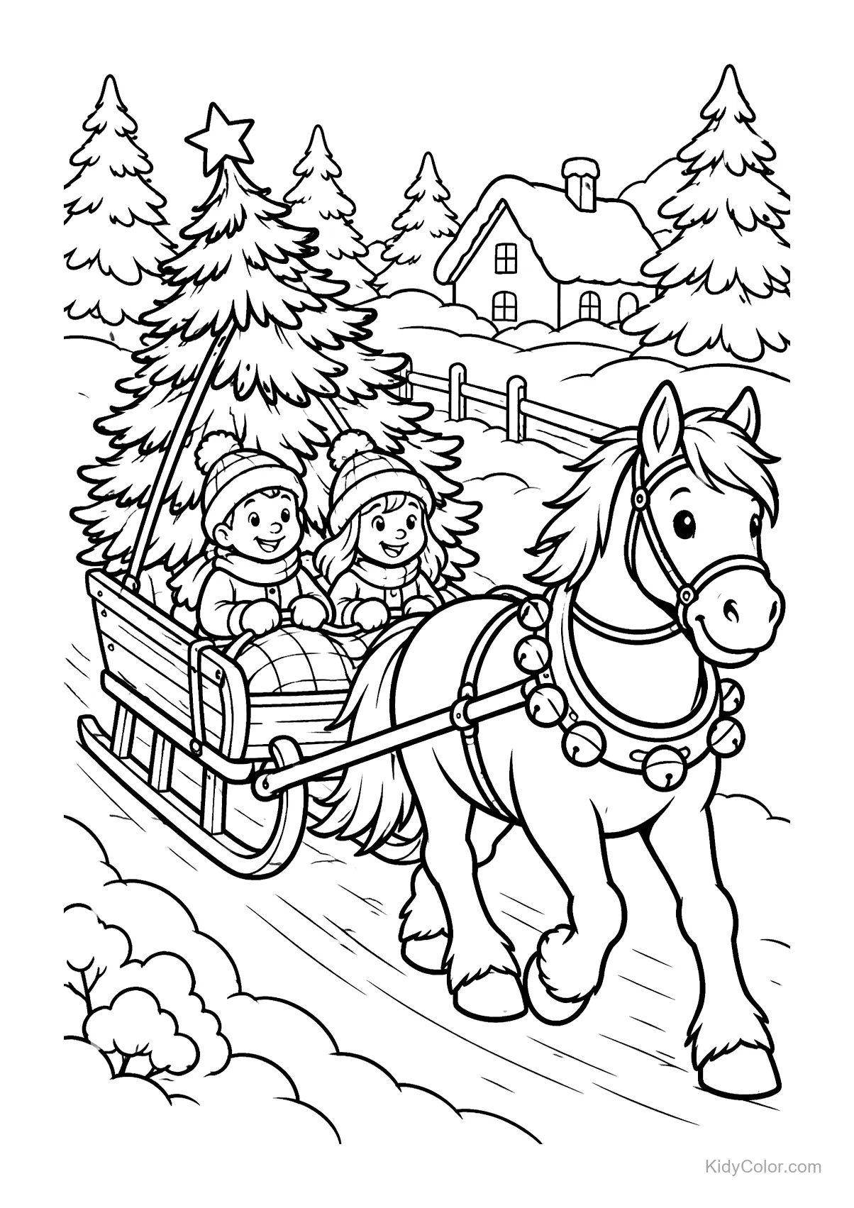 Kinder im Pferdeschlitten mit einem Weihnachtsbaum.