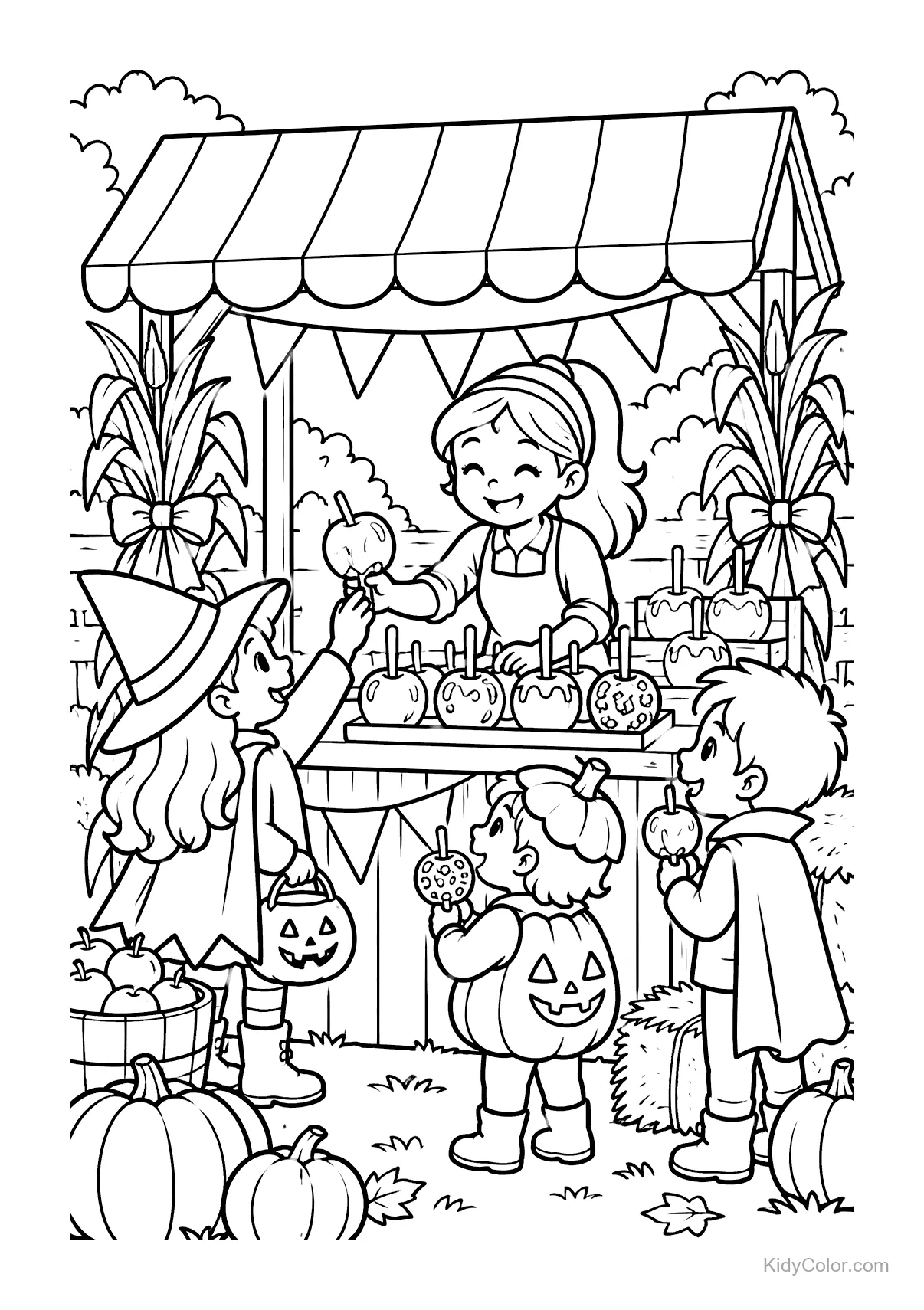 Niños disfrazados en un puesto eligiendo manzanas caramelizadas en una feria de otoño.