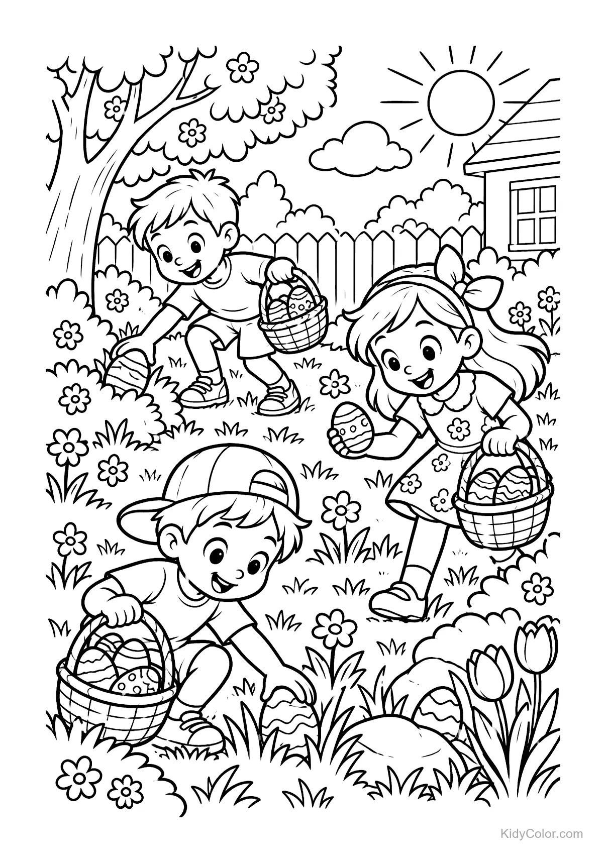 Children searching for Easter eggs in a cheerful garden.
