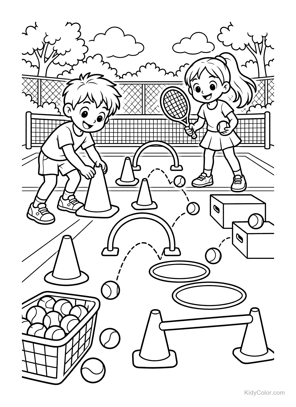 Crianças com raquetes em quadra com cones e bolas de tênis.