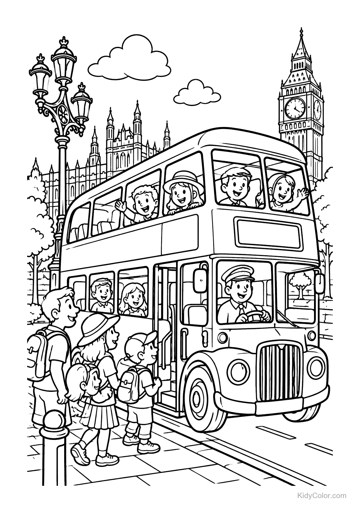 Children riding a London double-decker bus with Big Ben in the background.