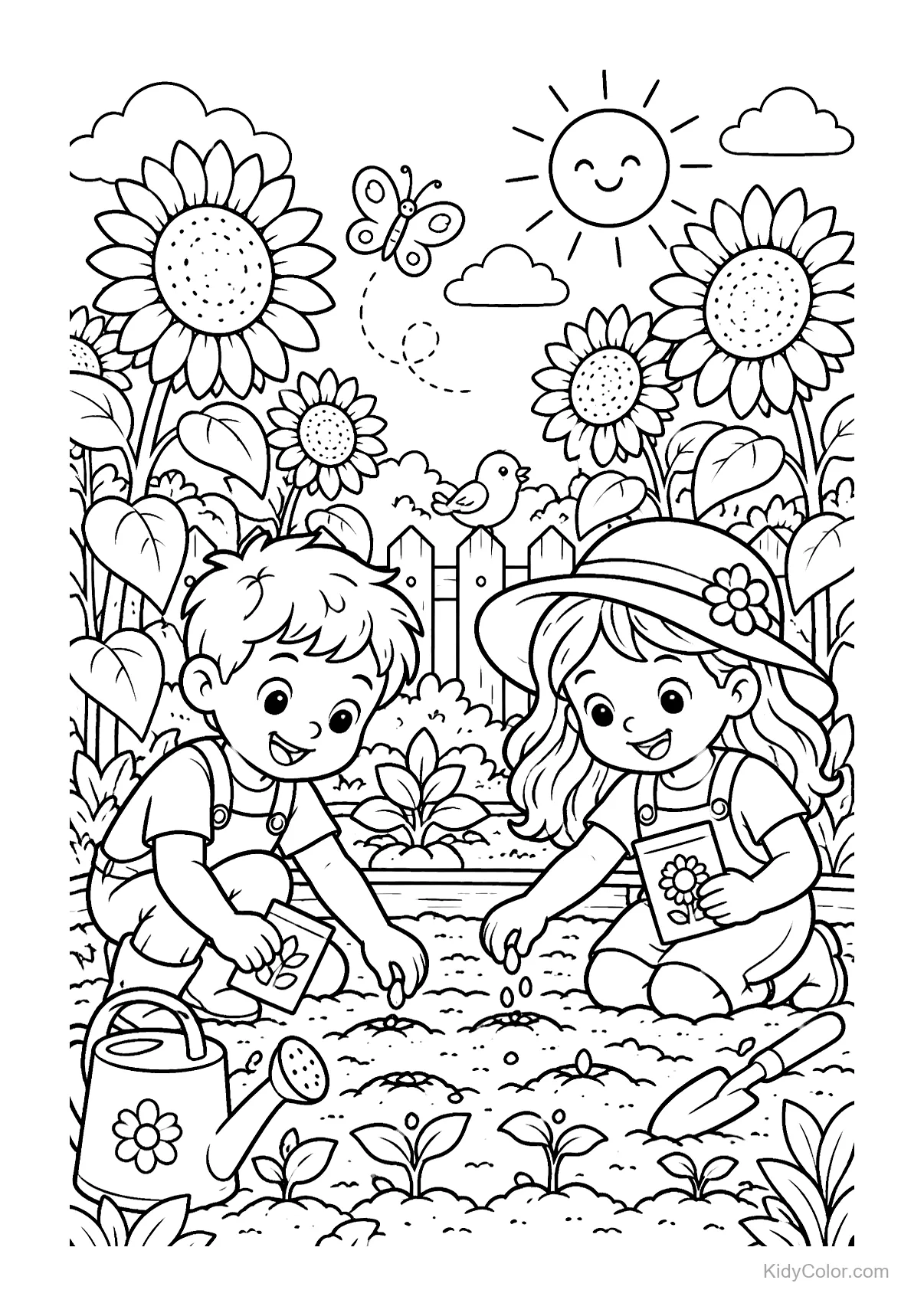 Two children planting seeds in a sunflower garden under a sun and butterfly.