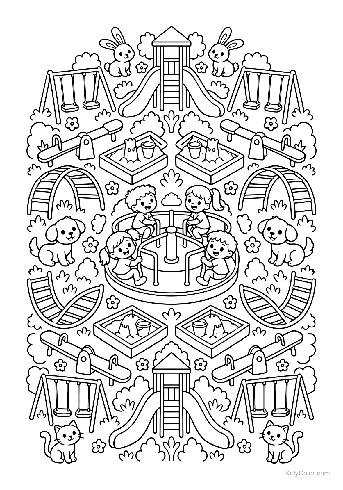 Mandala con bambini e animali in un parco giochi con altalene e scivoli.