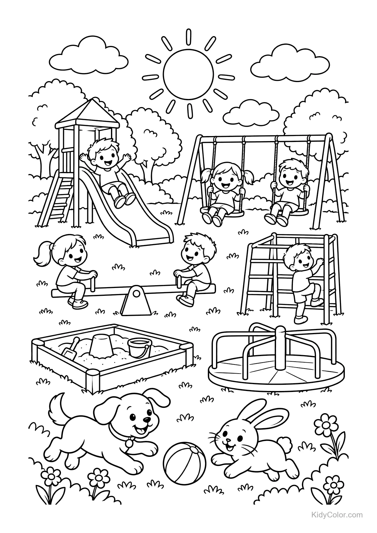 Niños jugando en columpios, tobogán, arenero, con un perro y un conejo.